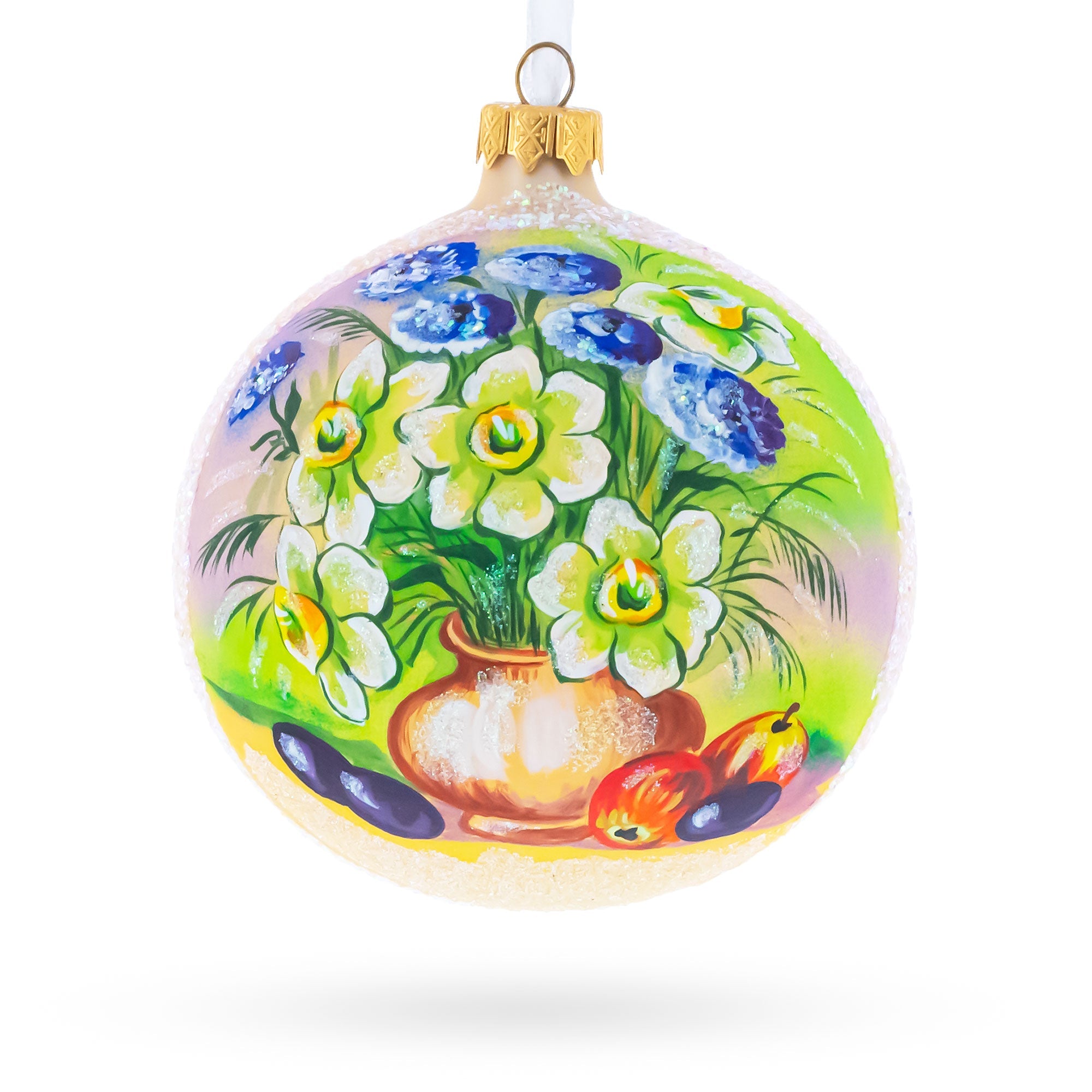 Floral Vase with Apples Masterpiece Glass Ball Christmas Ornament 4 Inches