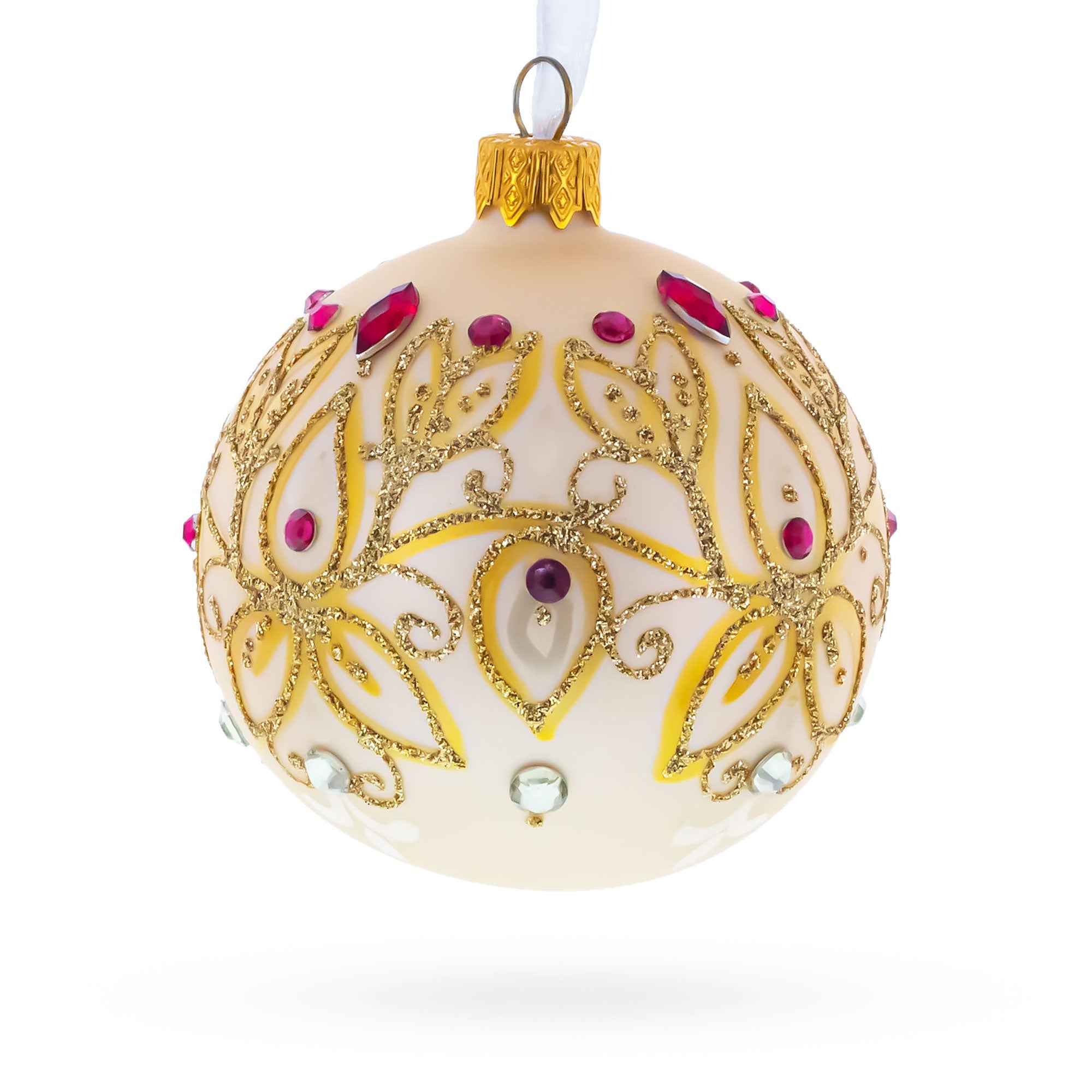 Gilded Golden Leaves Glass Ball Christmas Ornament 3.25 Inches