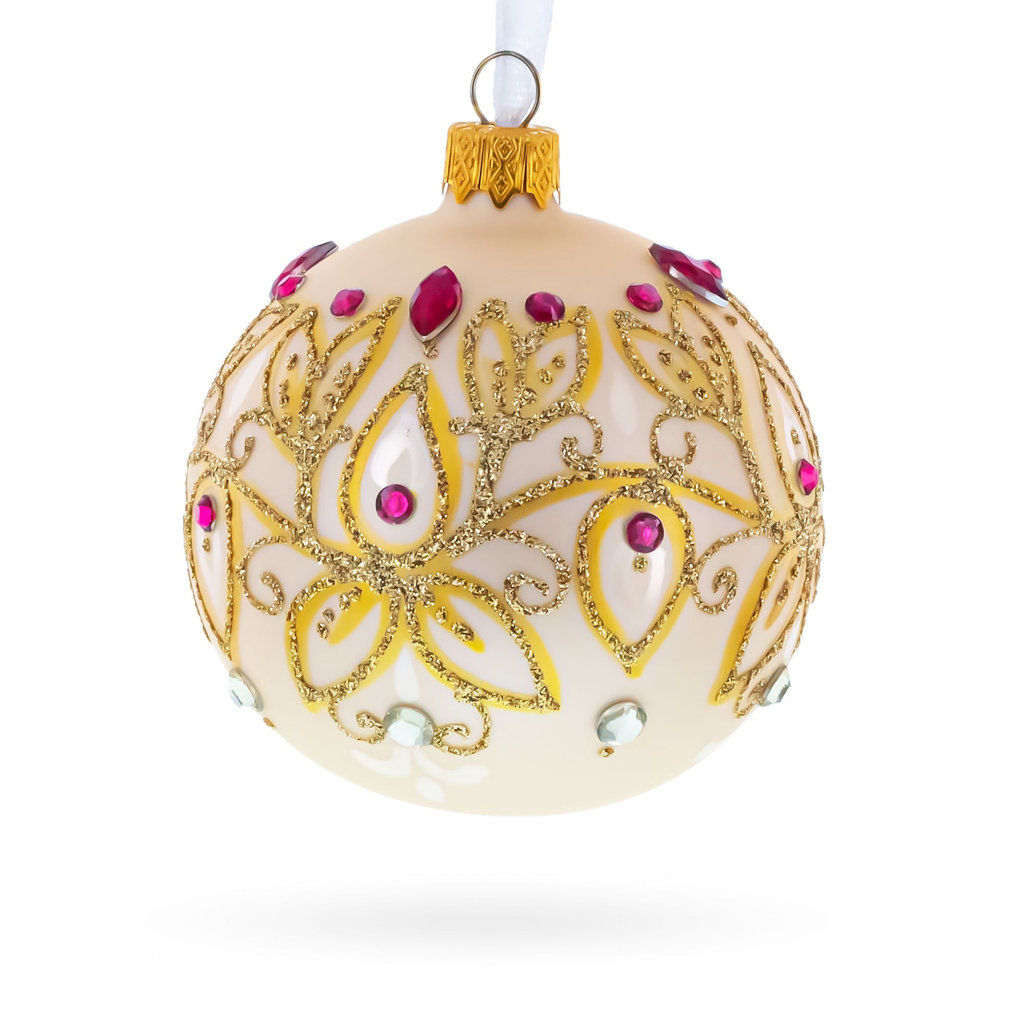 Gilded Golden Leaves Glass Ball Christmas Ornament 3.25 Inches