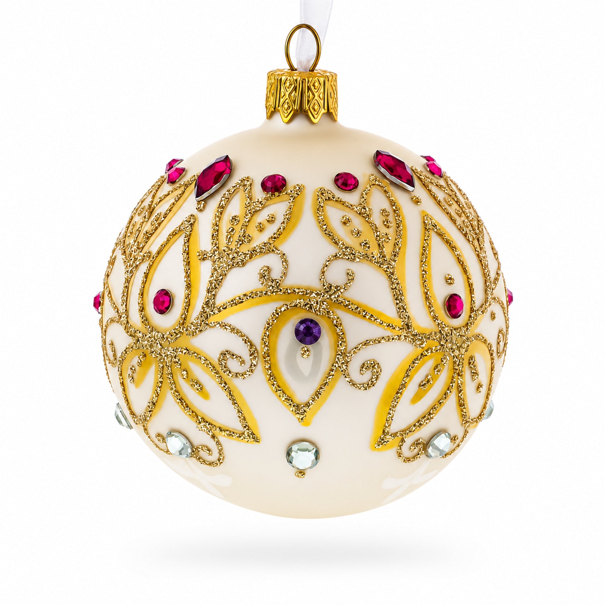 Gilded Golden Leaves Glass Ball Christmas Ornament 3.25 Inches