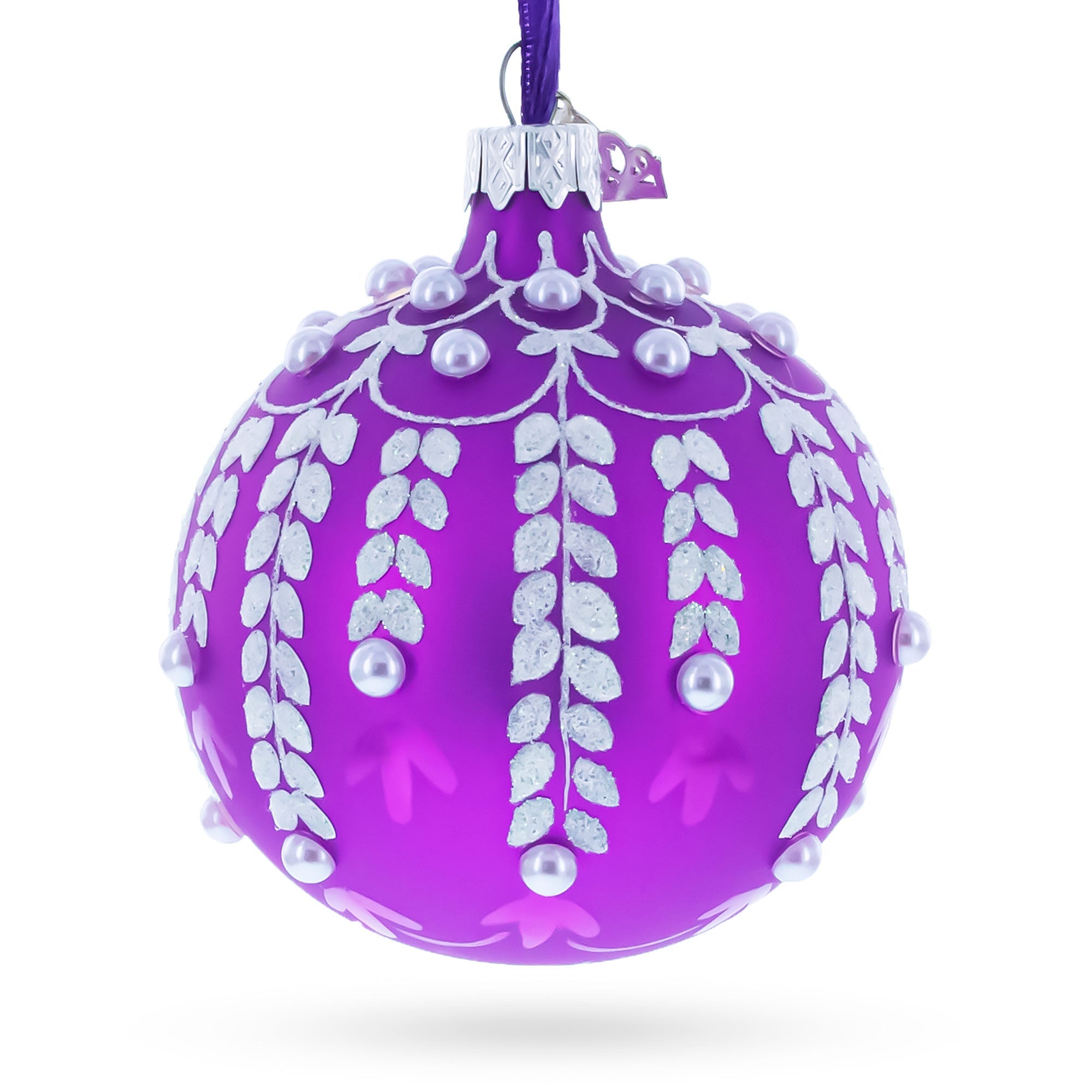 White Vines Entwined on a Lavender Dreamscape Glass Ball Christmas Ornament 3.25 Inches