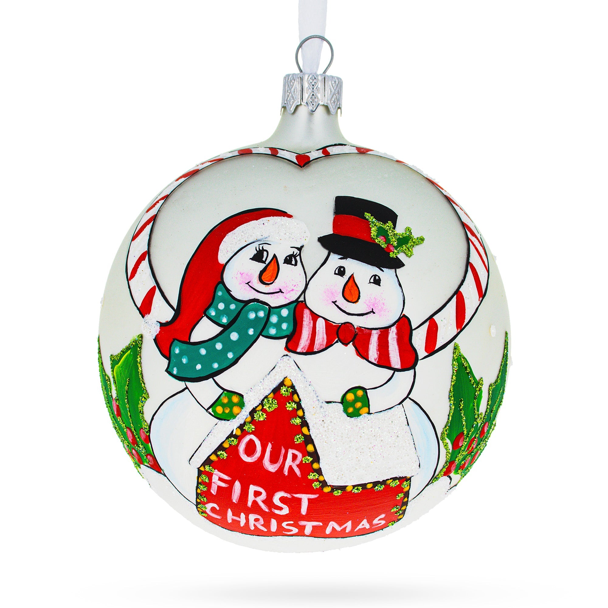 Snowmen Celebrating 'Our First Christmas' Glass Ball Christmas Ornament 4 Inches