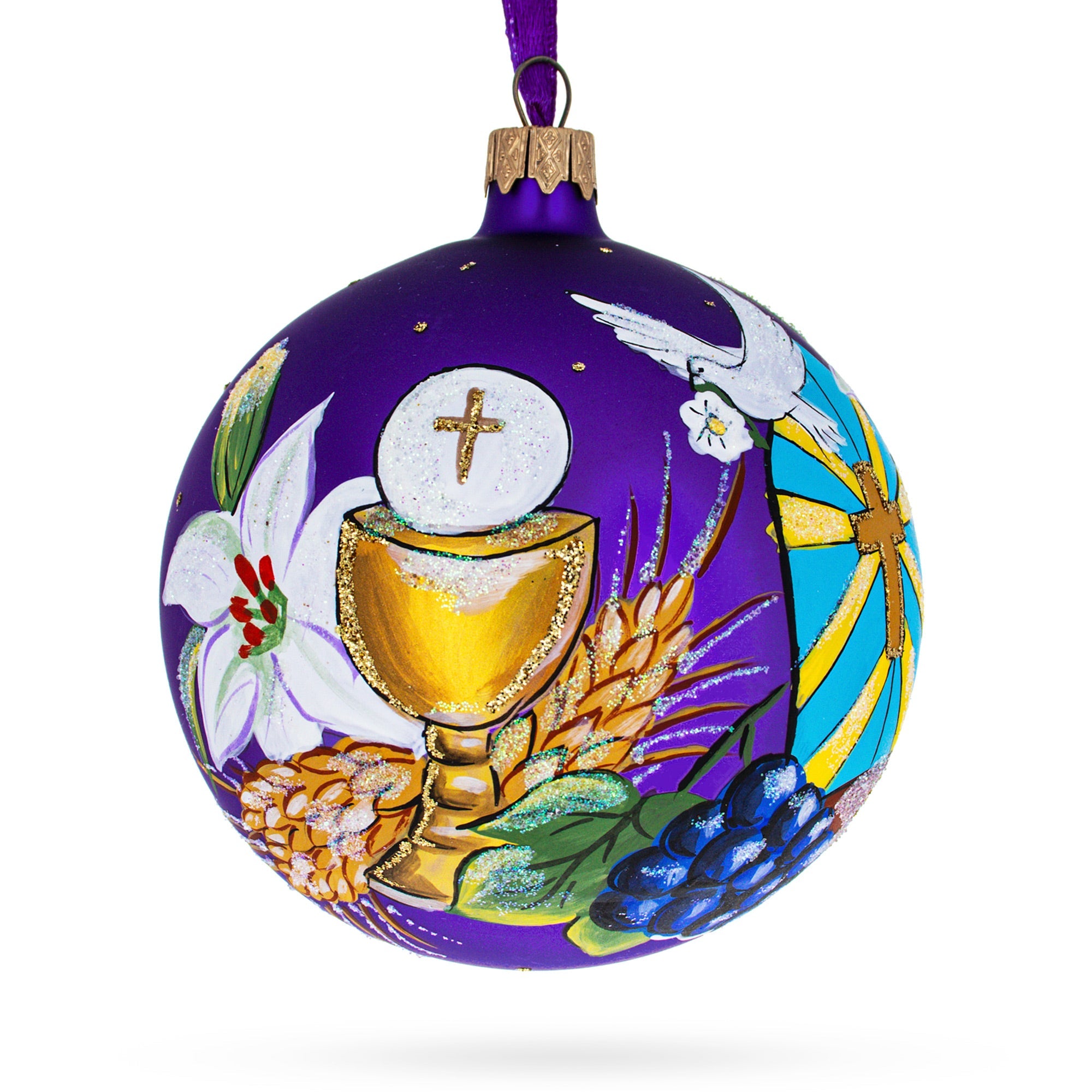 First Communion on Purple Glass Ball Christmas Ornament 4 Inches