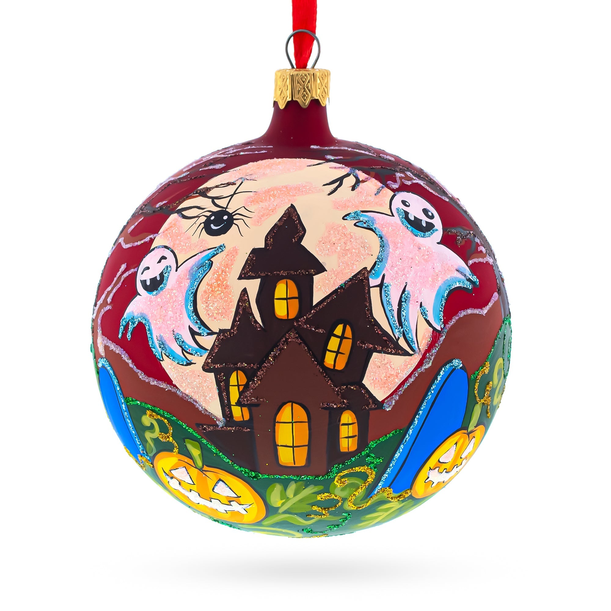 Ghosts and Haunted House Glass Ball Halloween Ornament 4 Inches