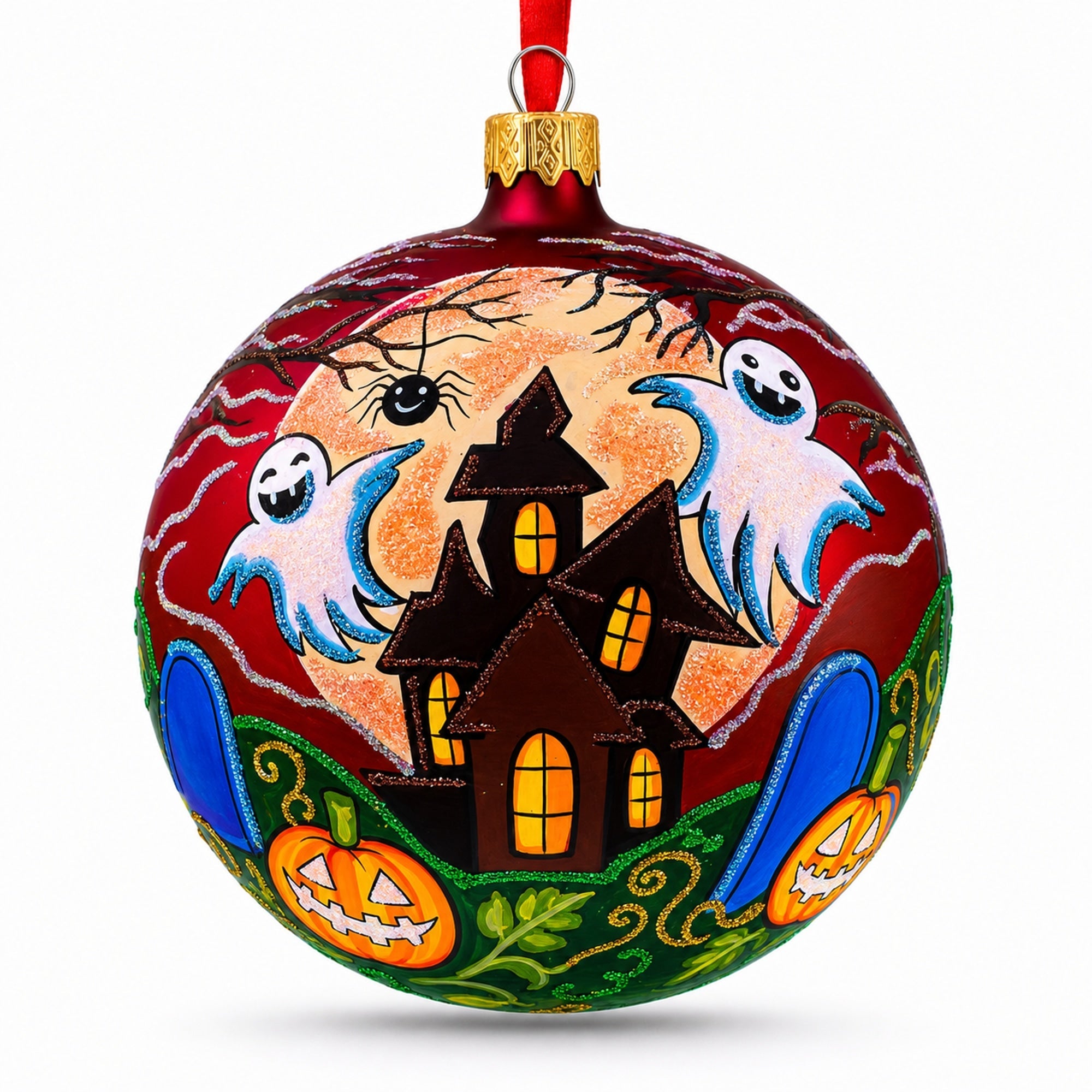 Ghosts and Haunted House Glass Ball Halloween Ornament 4 Inches