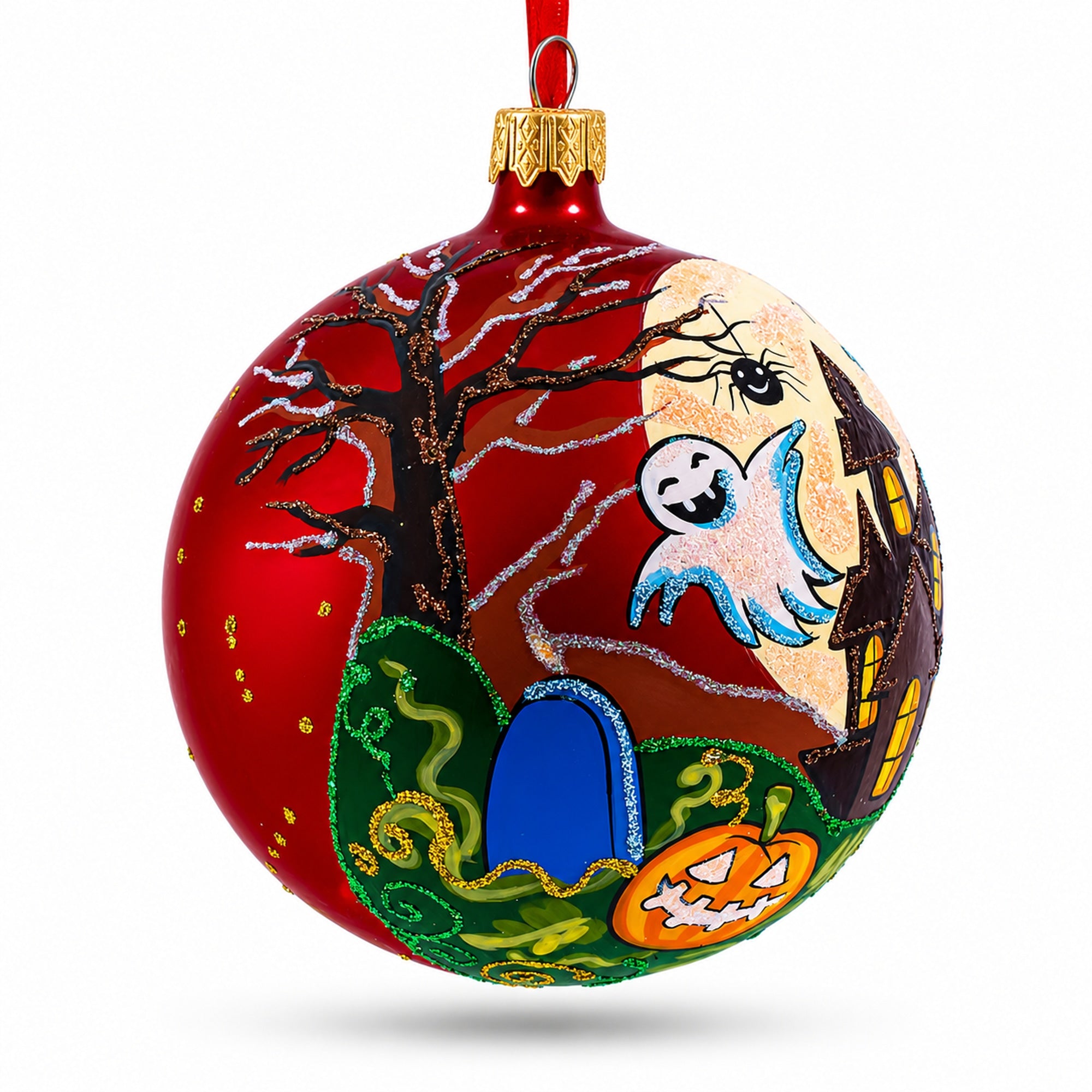 Ghosts and Haunted House Glass Ball Halloween Ornament 4 Inches