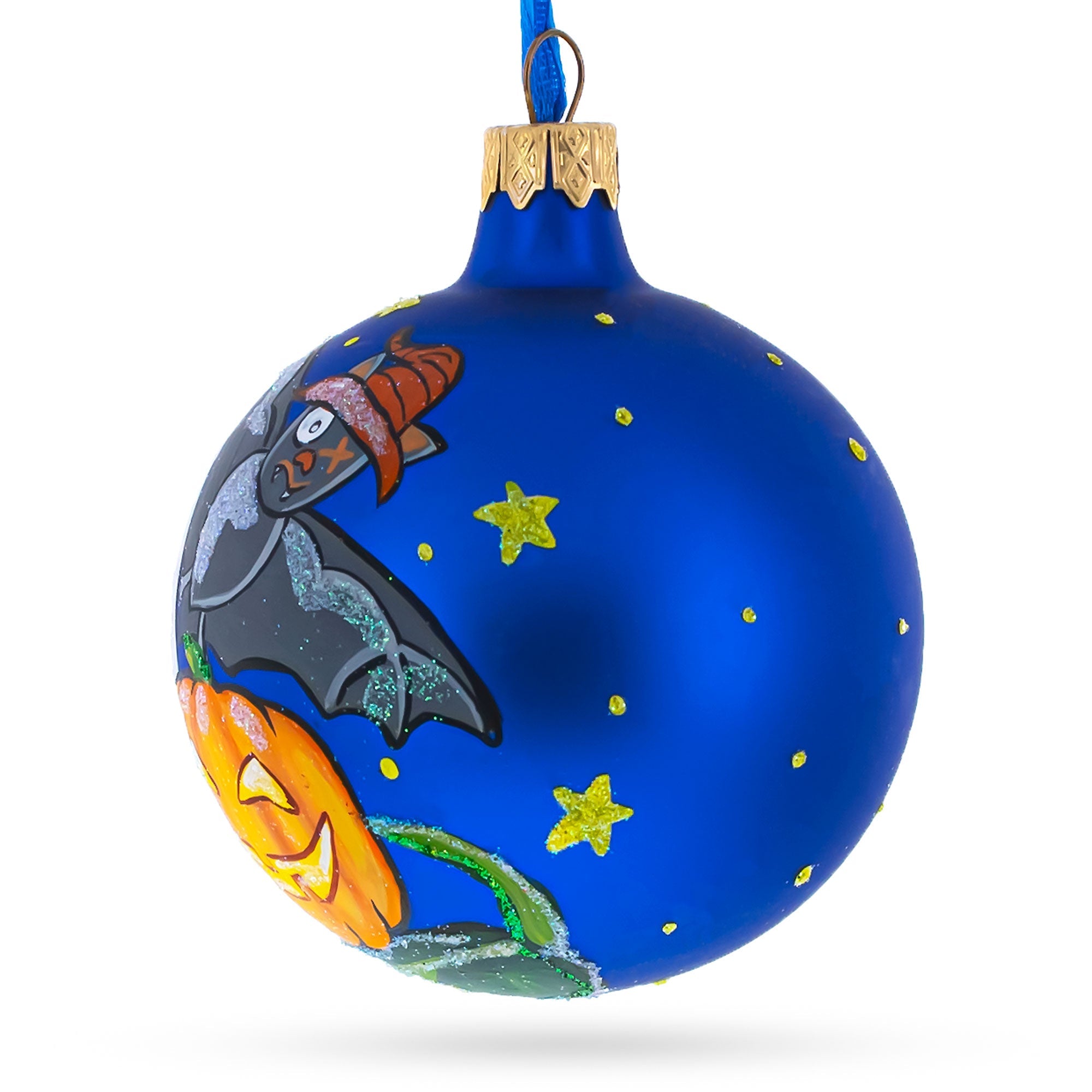 Ghost and Bat Glass Ball Halloween Ornament 3.25 Inches