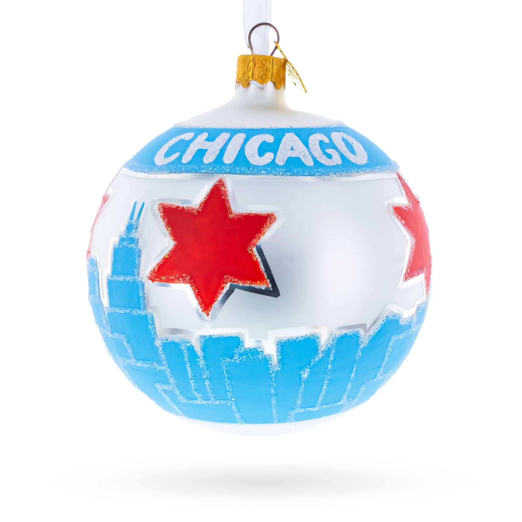 Chicago Cityscape and Flag Glass Ball Christmas Ornament 4 Inches