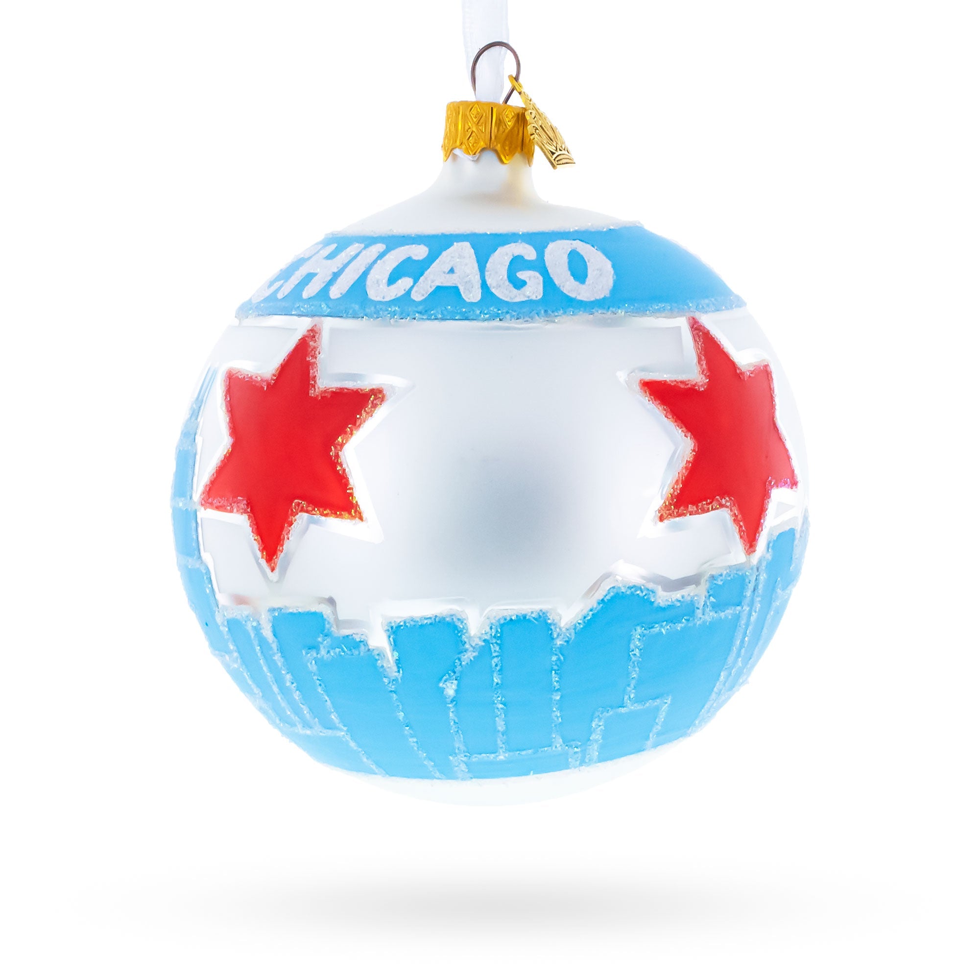 Chicago Cityscape and Flag Glass Ball Christmas Ornament 4 Inches