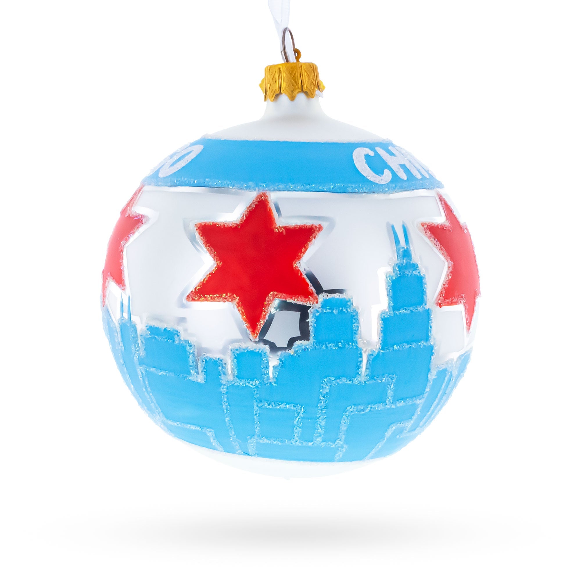 Chicago Cityscape and Flag Glass Ball Christmas Ornament 4 Inches