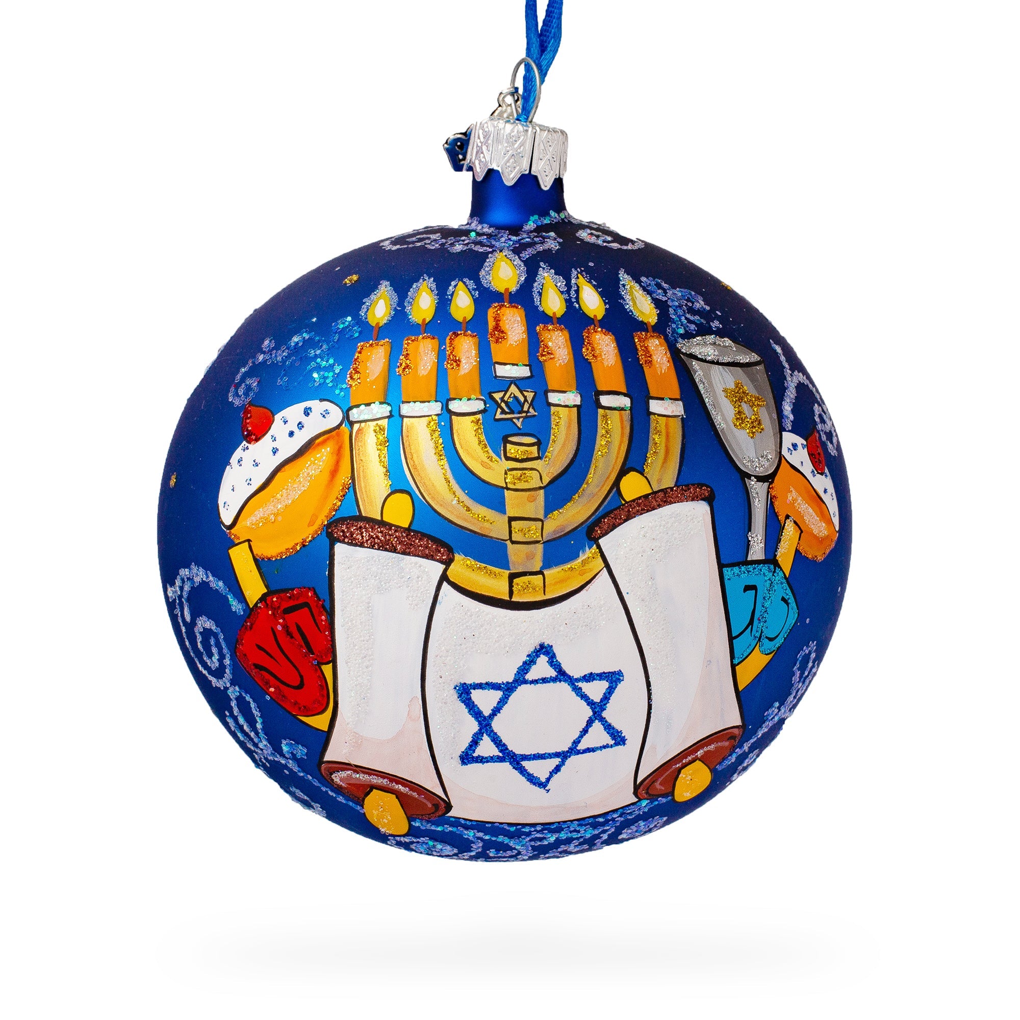 Menorah and Jewish Symbols Glass Ball Ornament 4 Inches