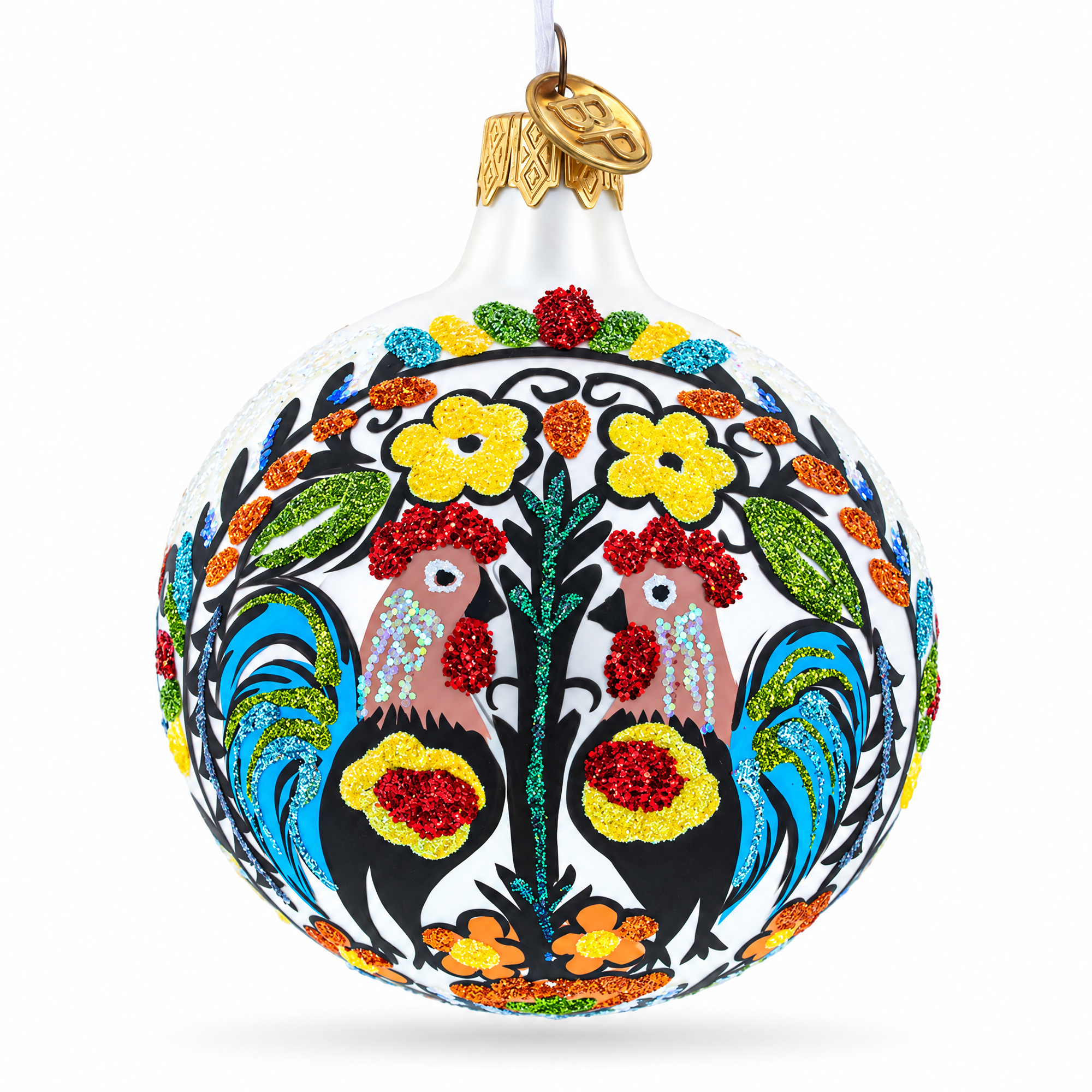 Ukrainian Petrykivka Painting Glass Ball Christmas Ornament 4 Inches