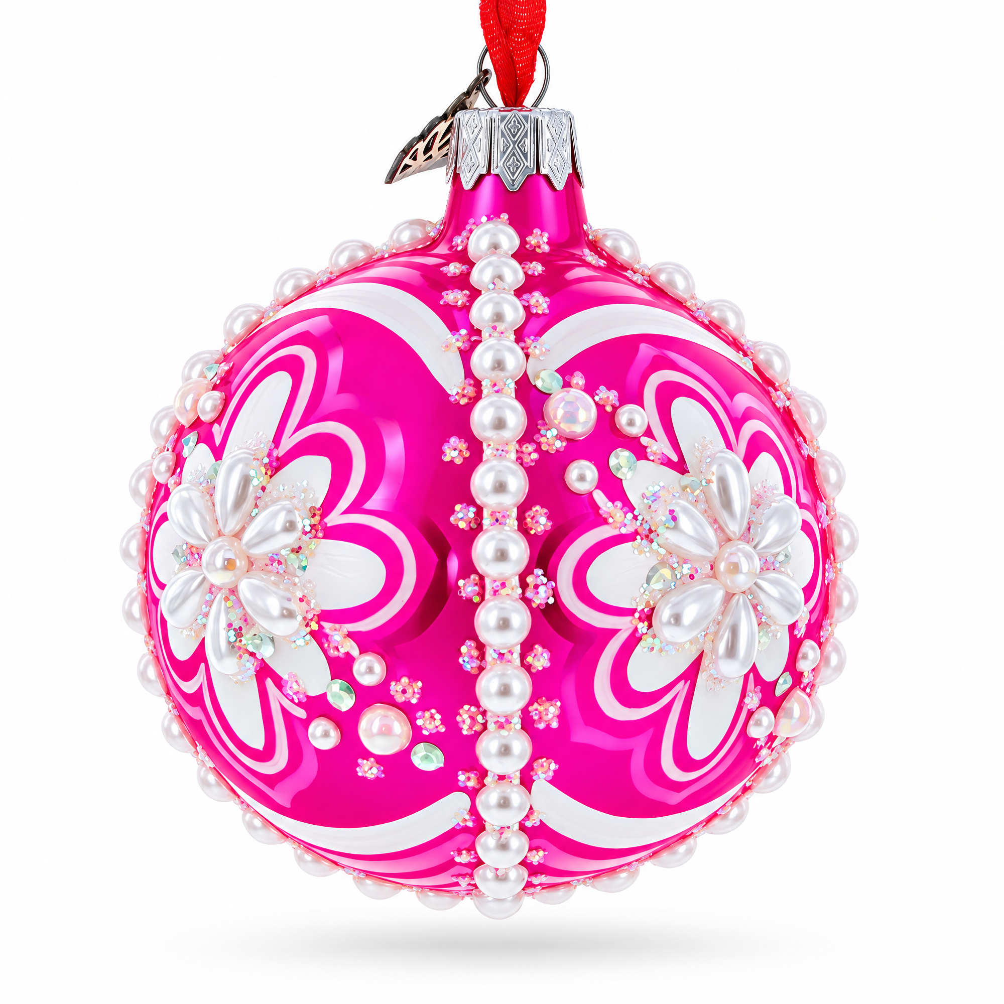 Jeweled Pearl Flowers on Pink Glass Ball Christmas Ornament 3.25 Inches