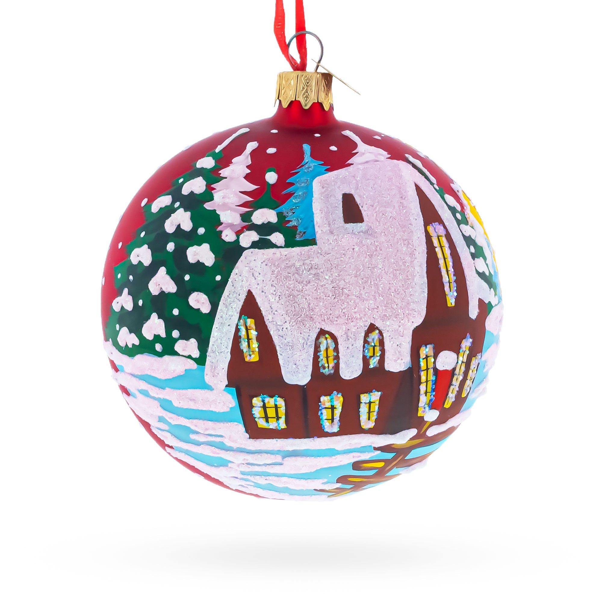 Rooster in the Winter Village Glass Ball Christmas Ornament 4 Inches
