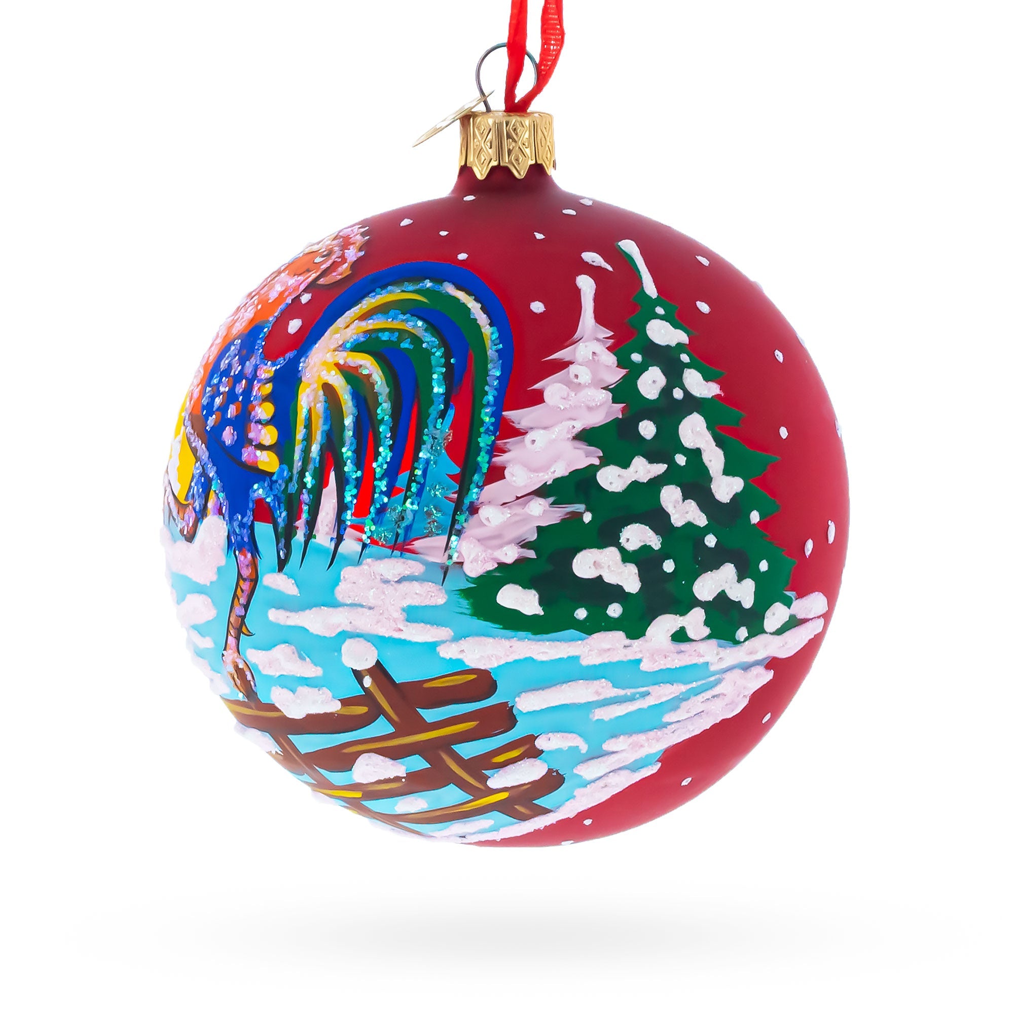Rooster in the Winter Village Glass Ball Christmas Ornament 4 Inches