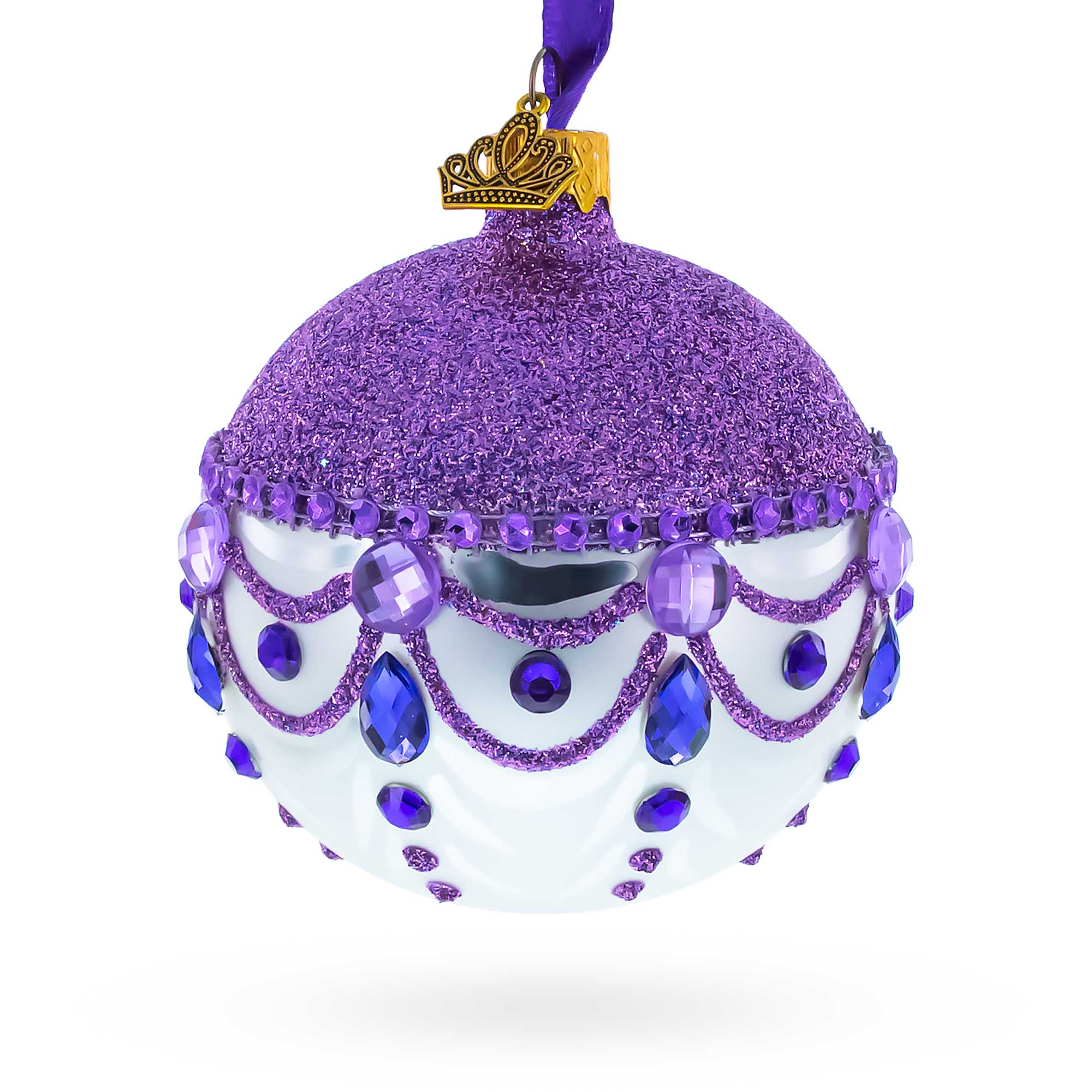 Glittered Purple Top Glass Ball Christmas Ornament 3.25 Inches