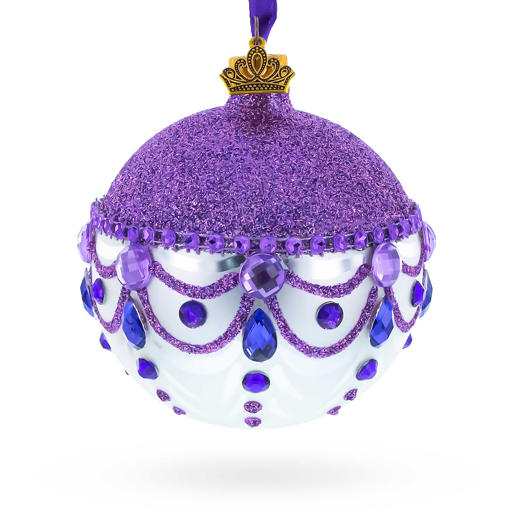 Glittered Purple Top Glass Ball Christmas Ornament 3.25 Inches