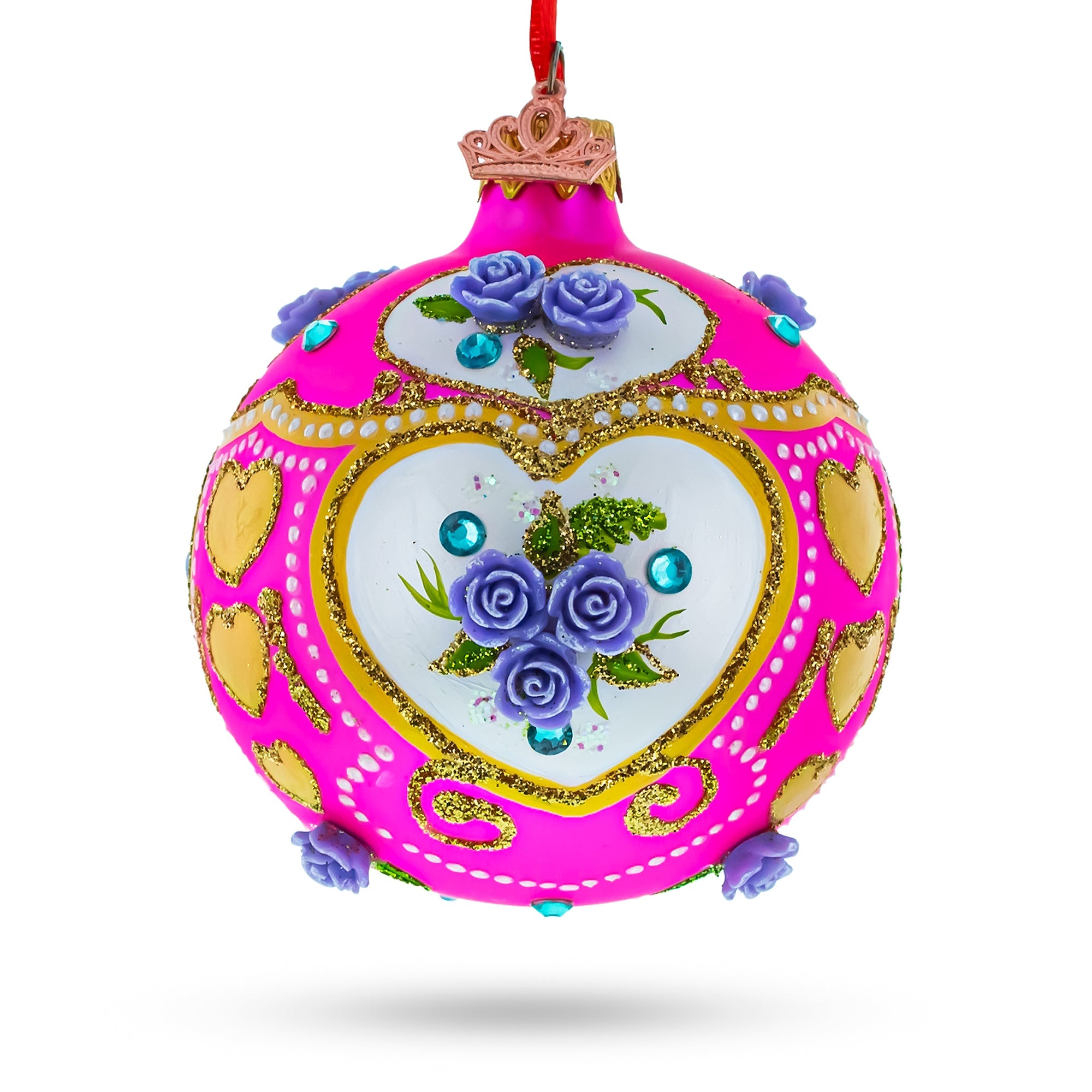 Roses on Pink Glass Ball Christmas Ornament 3.25 Inches