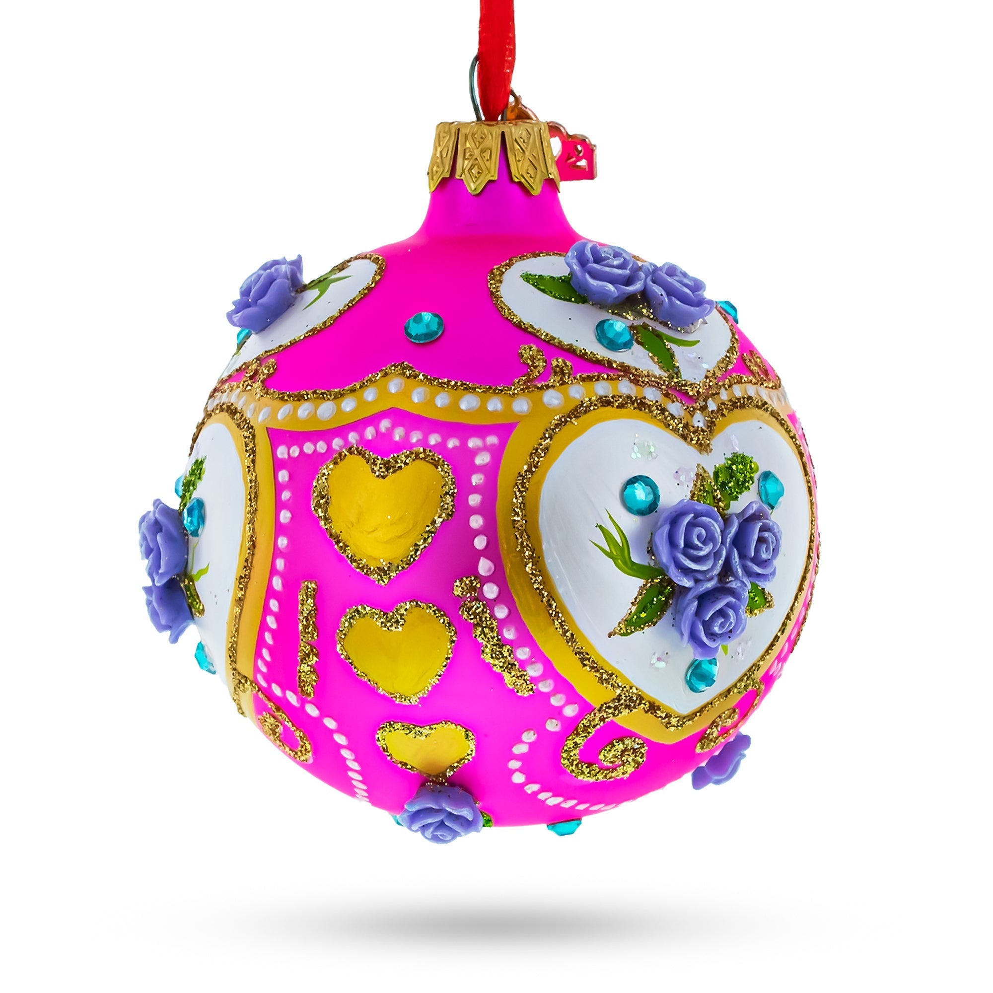 Roses on Pink Glass Ball Christmas Ornament 3.25 Inches