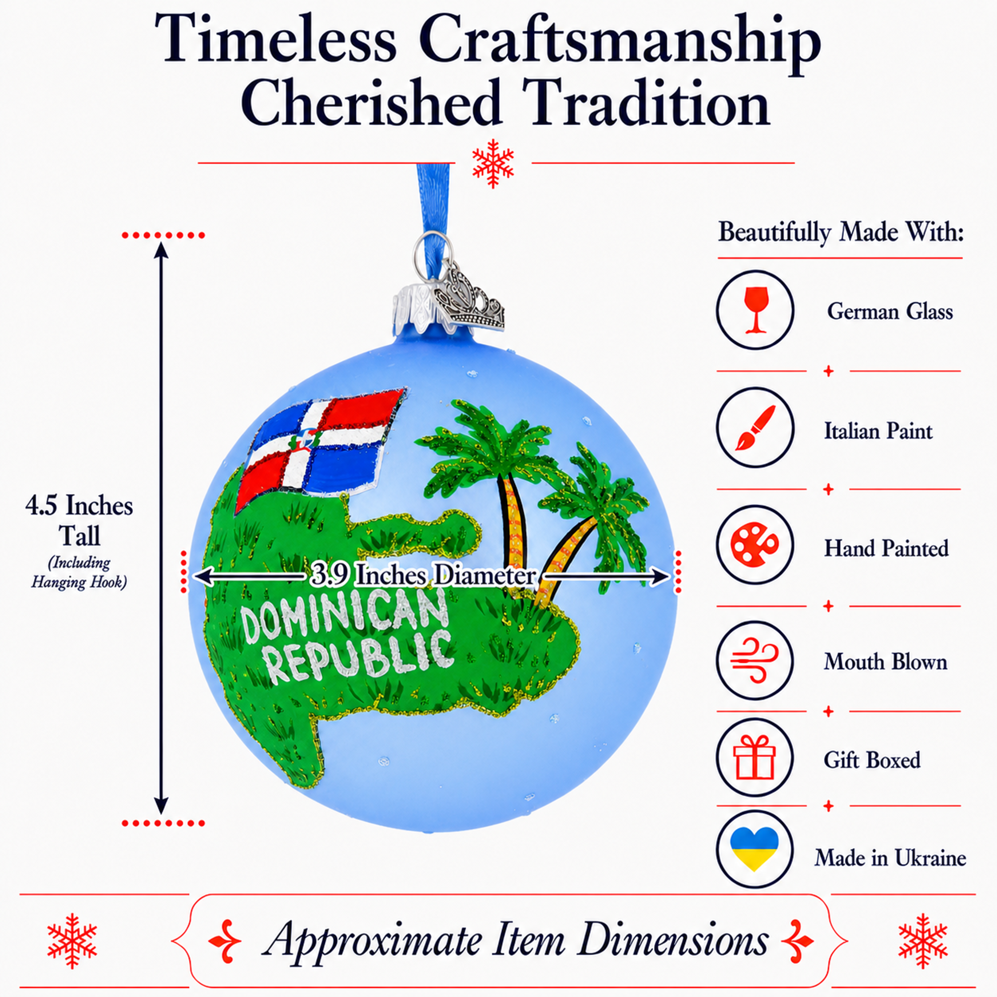 Dominican Republic Glass Ball Christmas Ornament 4 Inches