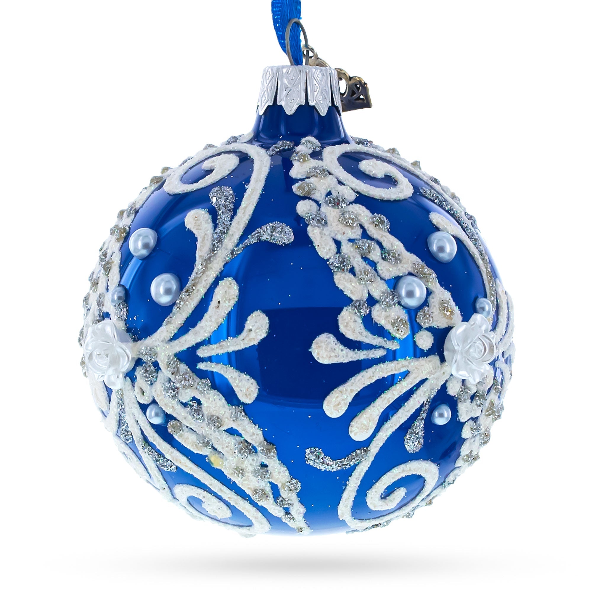 Snow Swirls on Blue Glass Ball Christmas Ornament 3.25 Inches