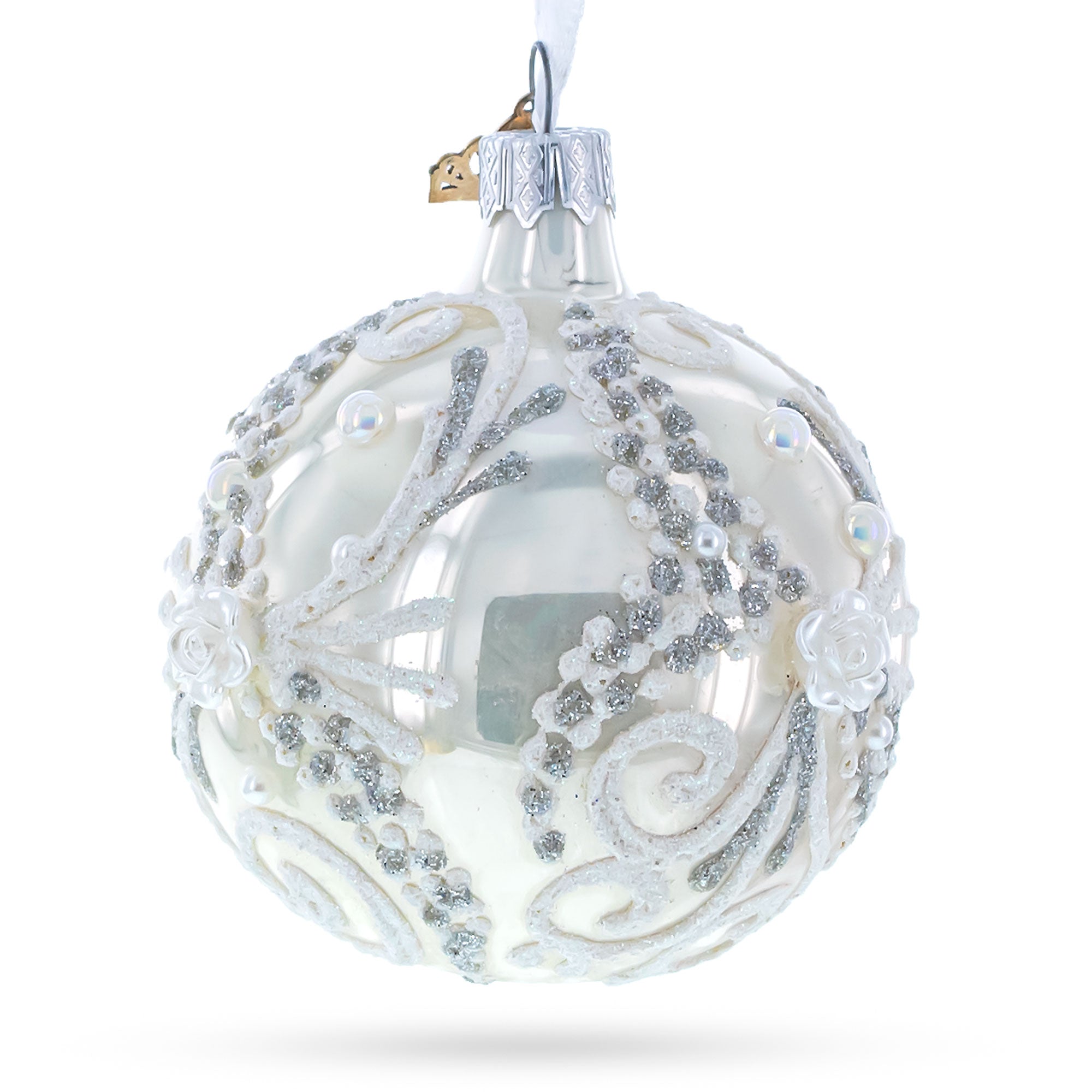 Snow Swirls on White Glass Ball Christmas Ornament 3.25 Inches