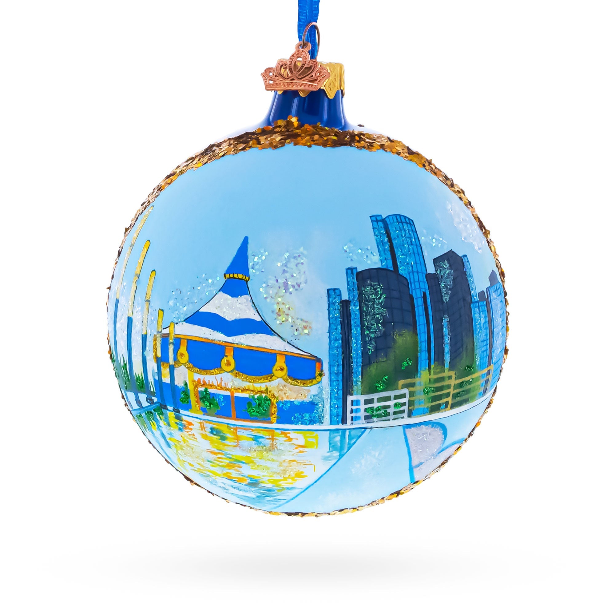 Detroit Riverfront, Detroit, Michigan Glass Ball Christmas Ornament 4 Inches