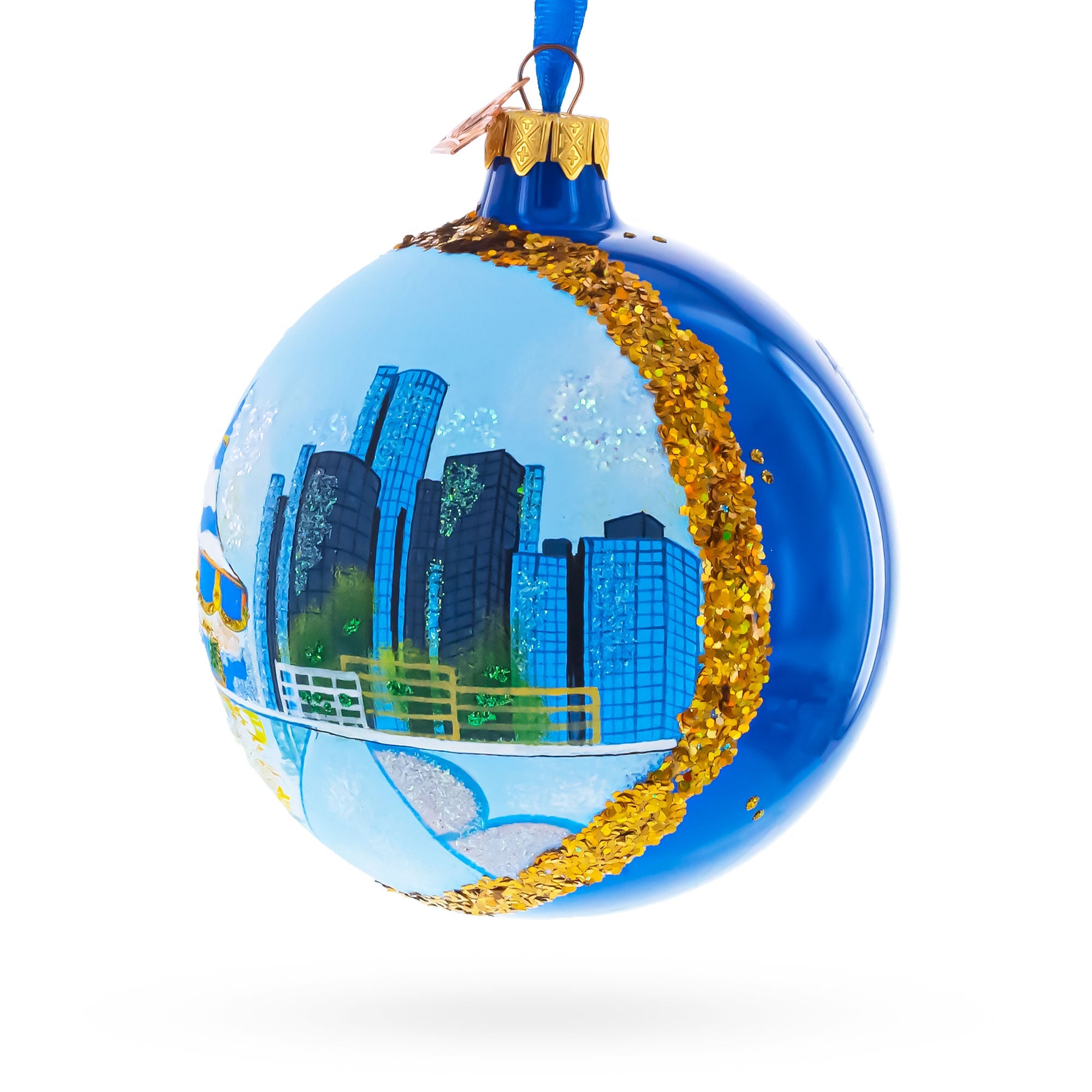 Detroit Riverfront, Detroit, Michigan Glass Ball Christmas Ornament 4 Inches