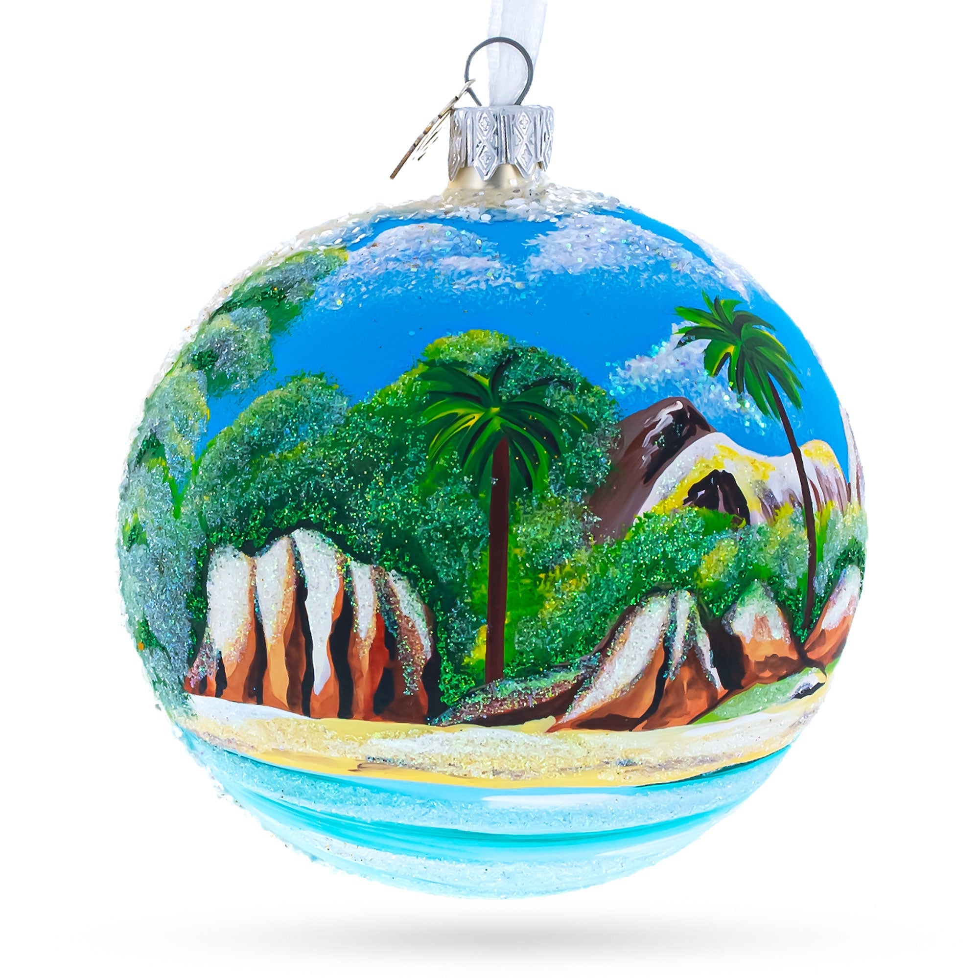 Seychelles on Indian Ocean Glass Ball Christmas Ornament 4 Inches