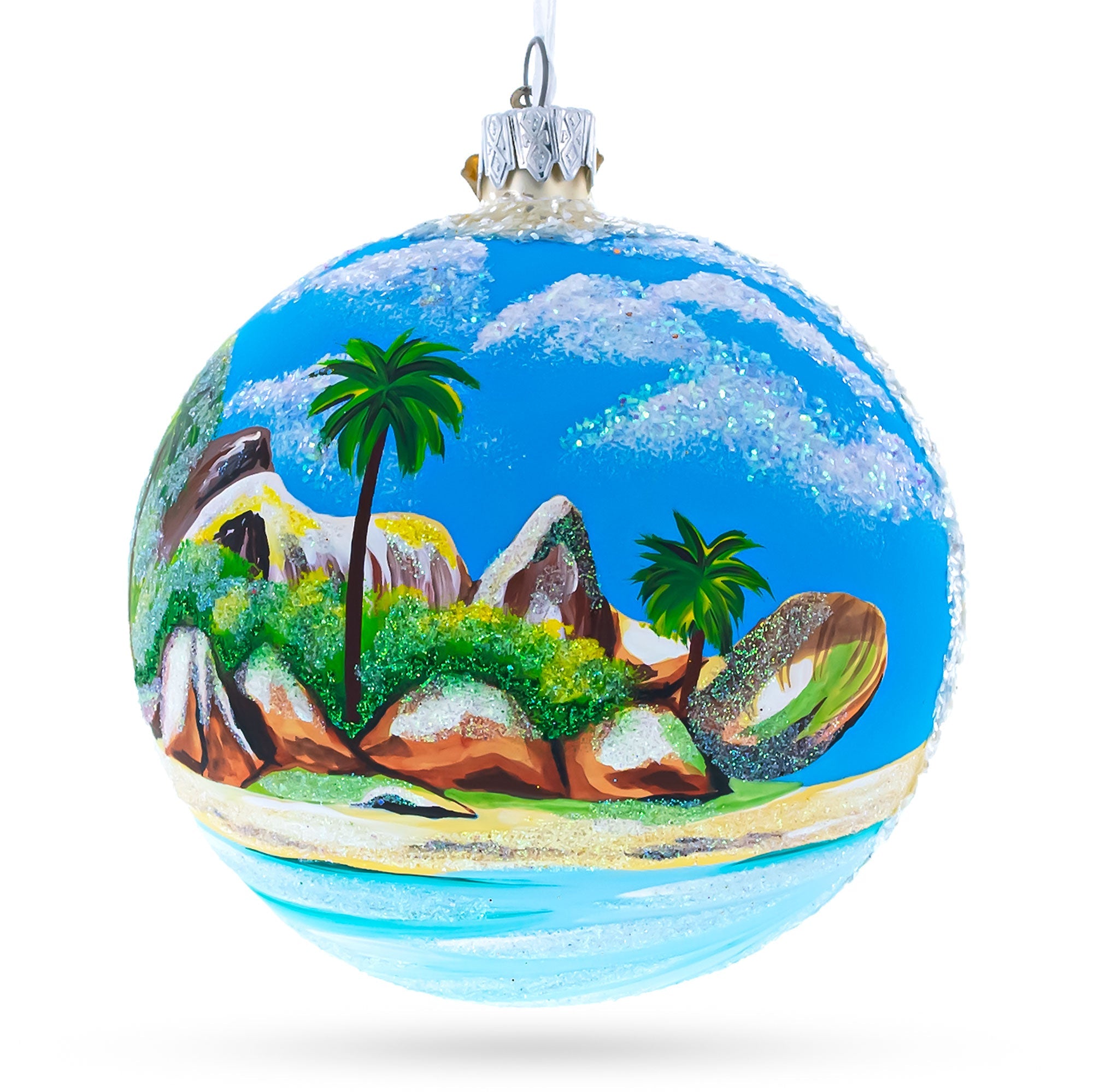 Seychelles on Indian Ocean Glass Ball Christmas Ornament 4 Inches
