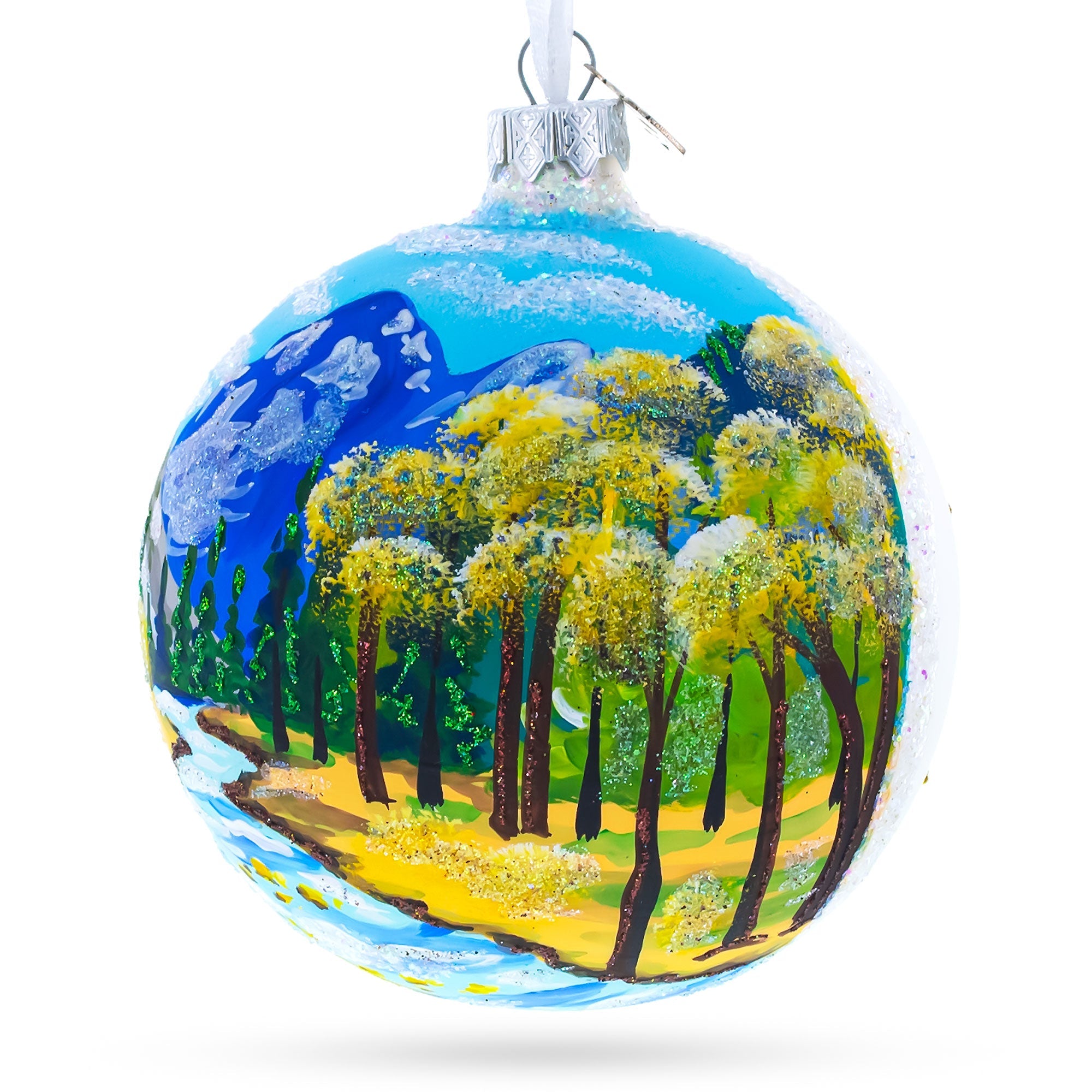 Mountain River Painting Glass Ball Christmas Ornament 4 Inches