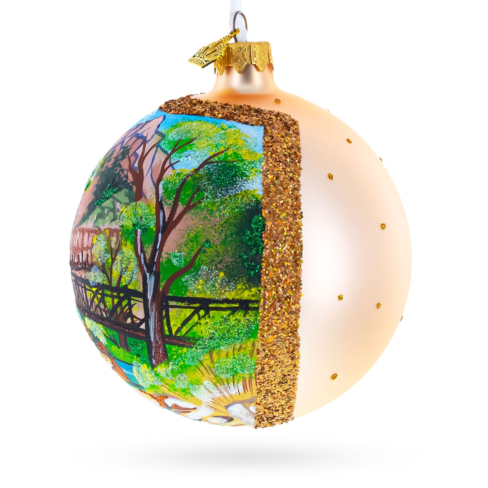 Bridge in the Mountain Park Painting Glass Ball Christmas Ornament 4 Inches