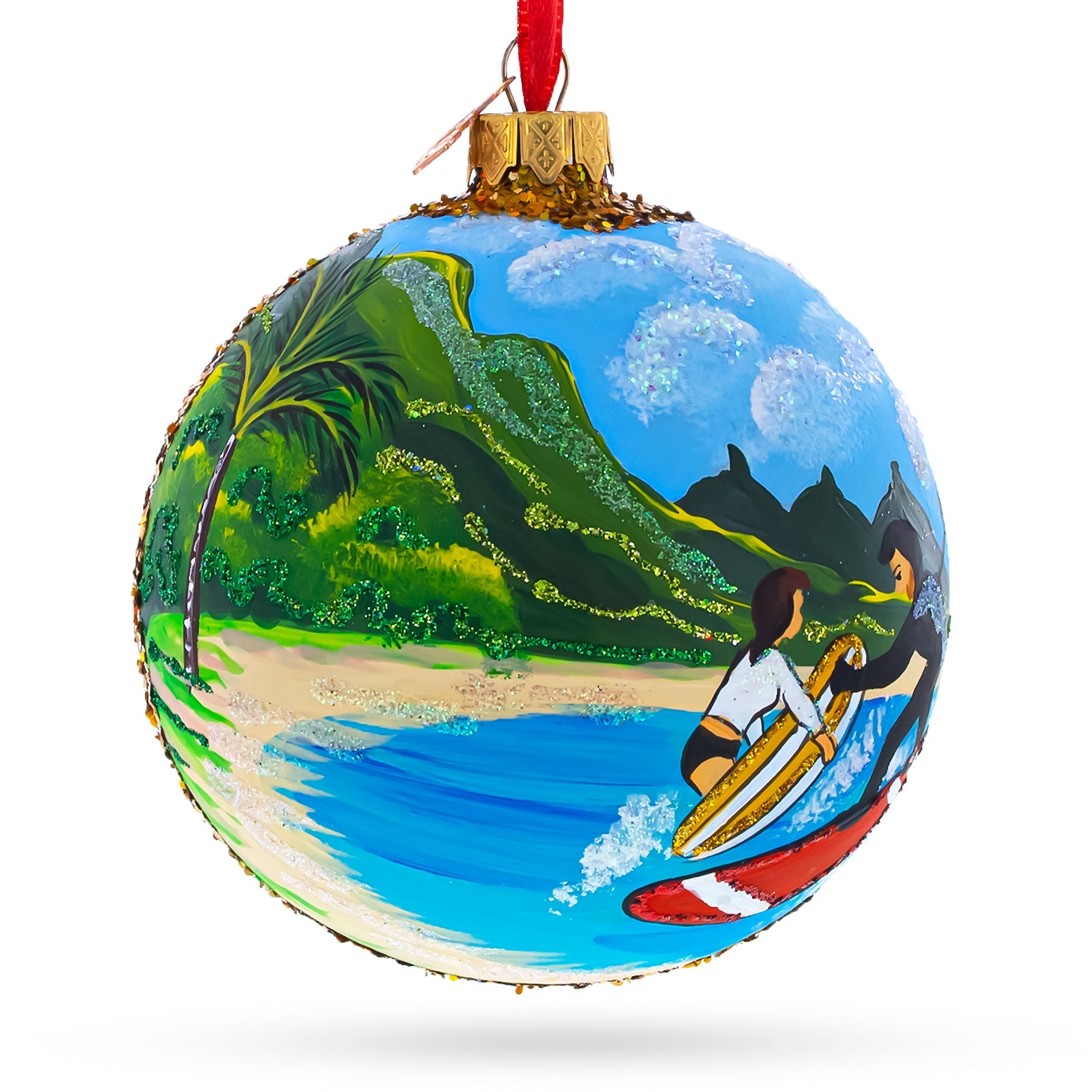 Surfers at Hawaii Beach Glass Ball Christmas Ornament 4 Inches