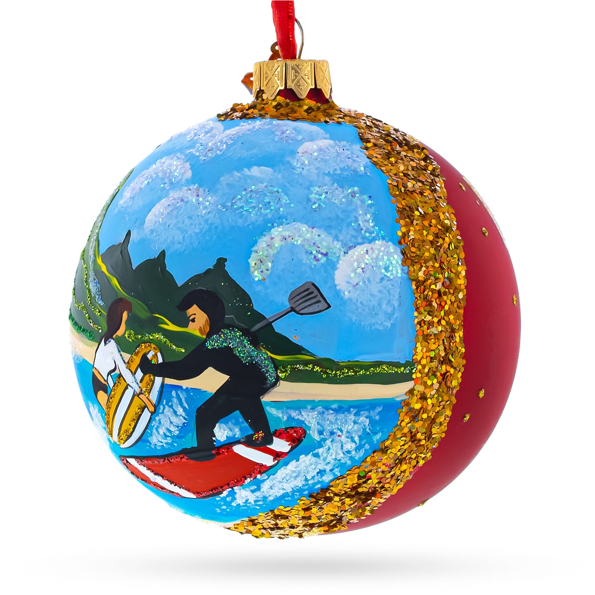 Surfers at Hawaii Beach Glass Ball Christmas Ornament 4 Inches