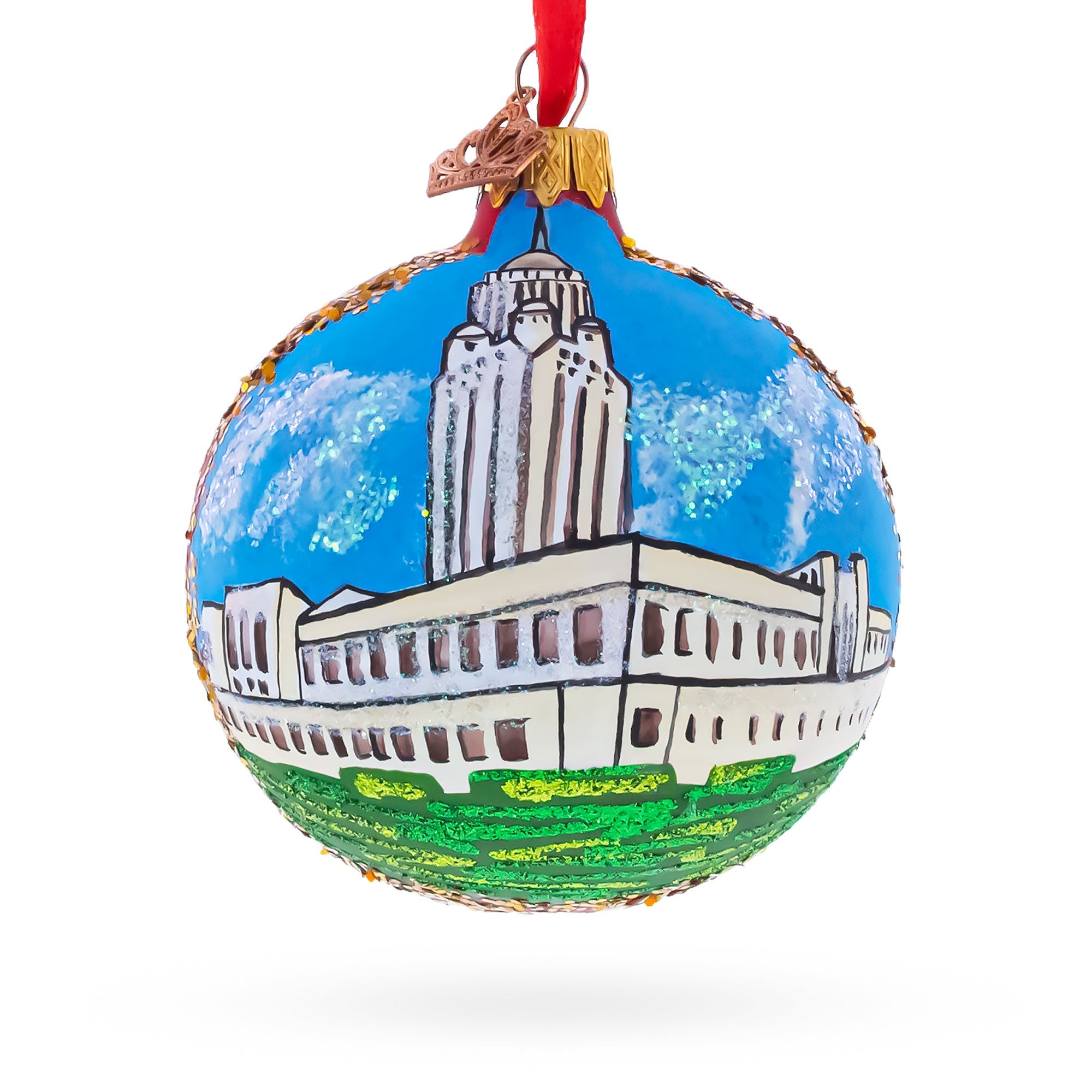 Nebraska State Capitol,  Lincoln, Nebraska Glass Ball Christmas Ornament 3.25 Inches