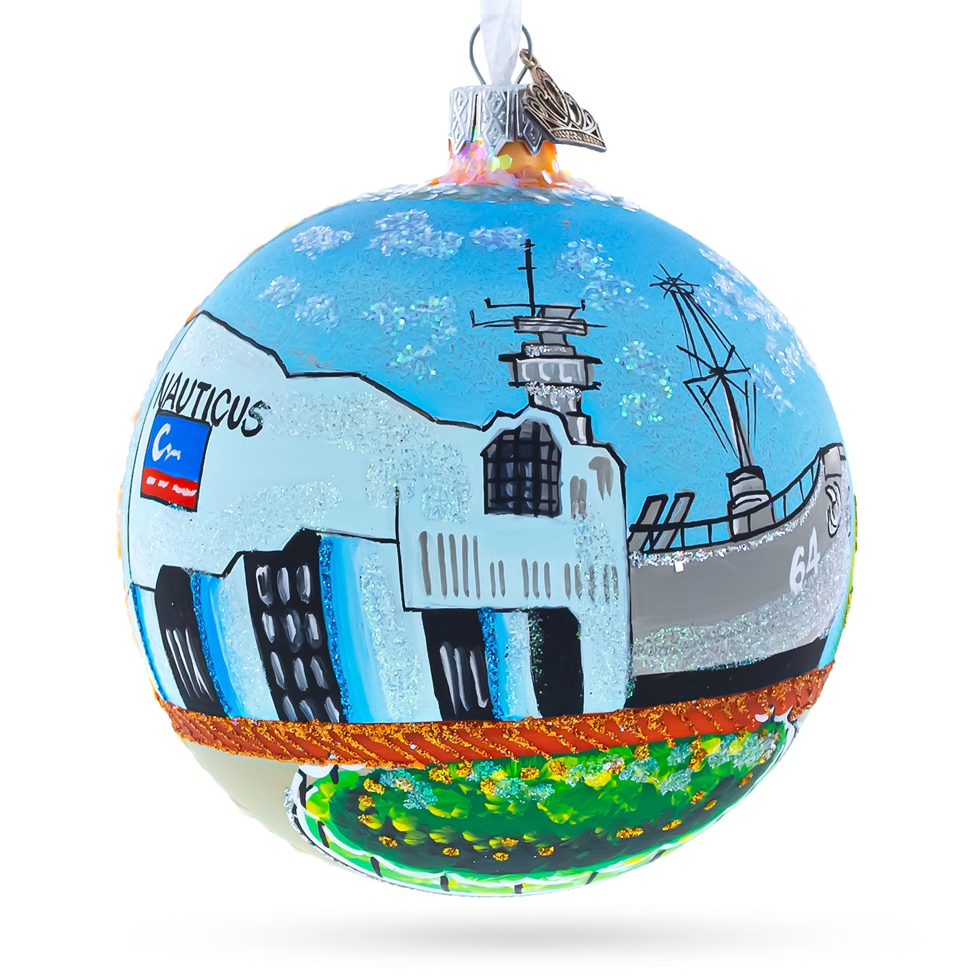 Battleship Wisconsin at Nautilus, Norfolk, Virginia Glass Ball Christmas Ornament 4 Inches