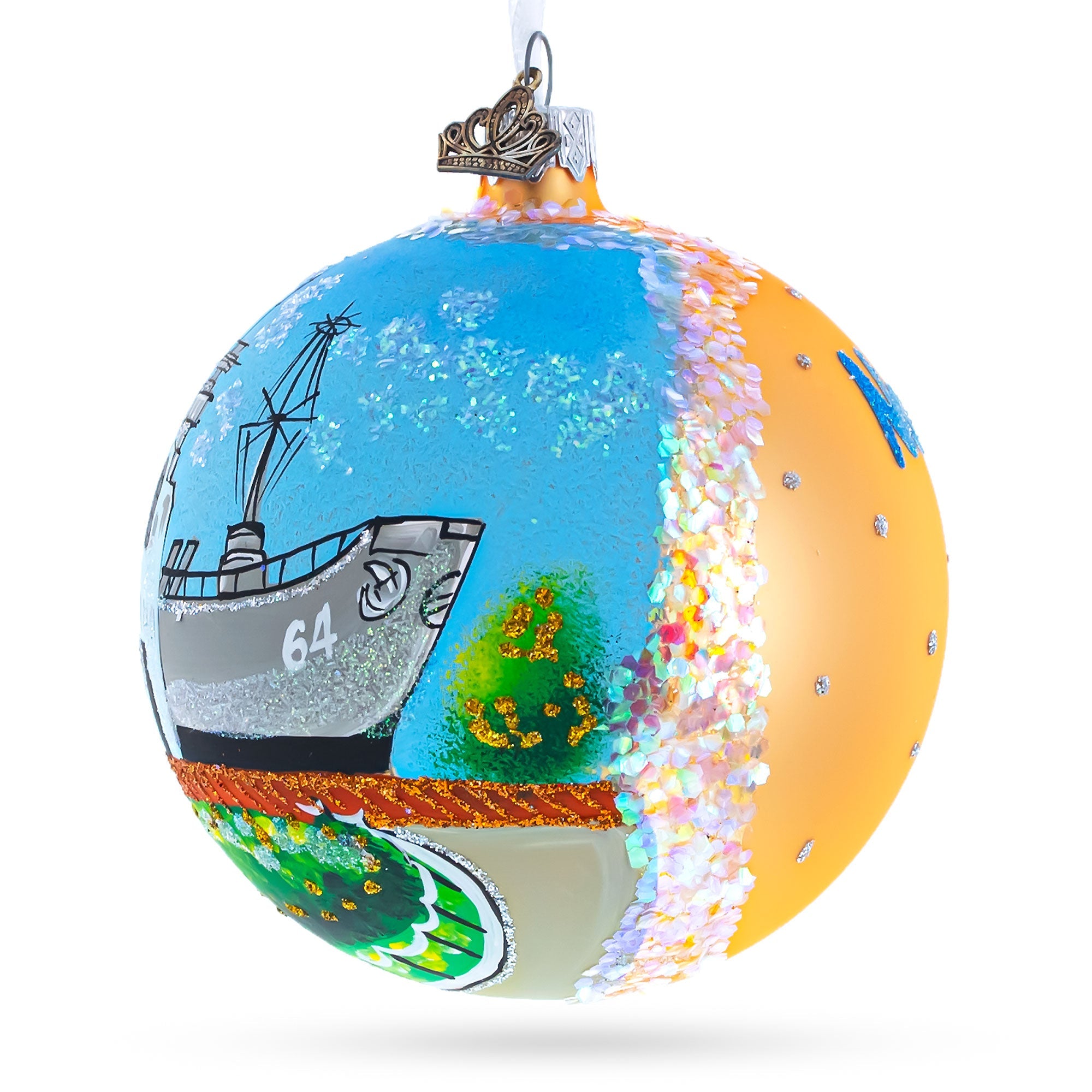 Battleship Wisconsin at Nautilus, Norfolk, Virginia Glass Ball Christmas Ornament 4 Inches