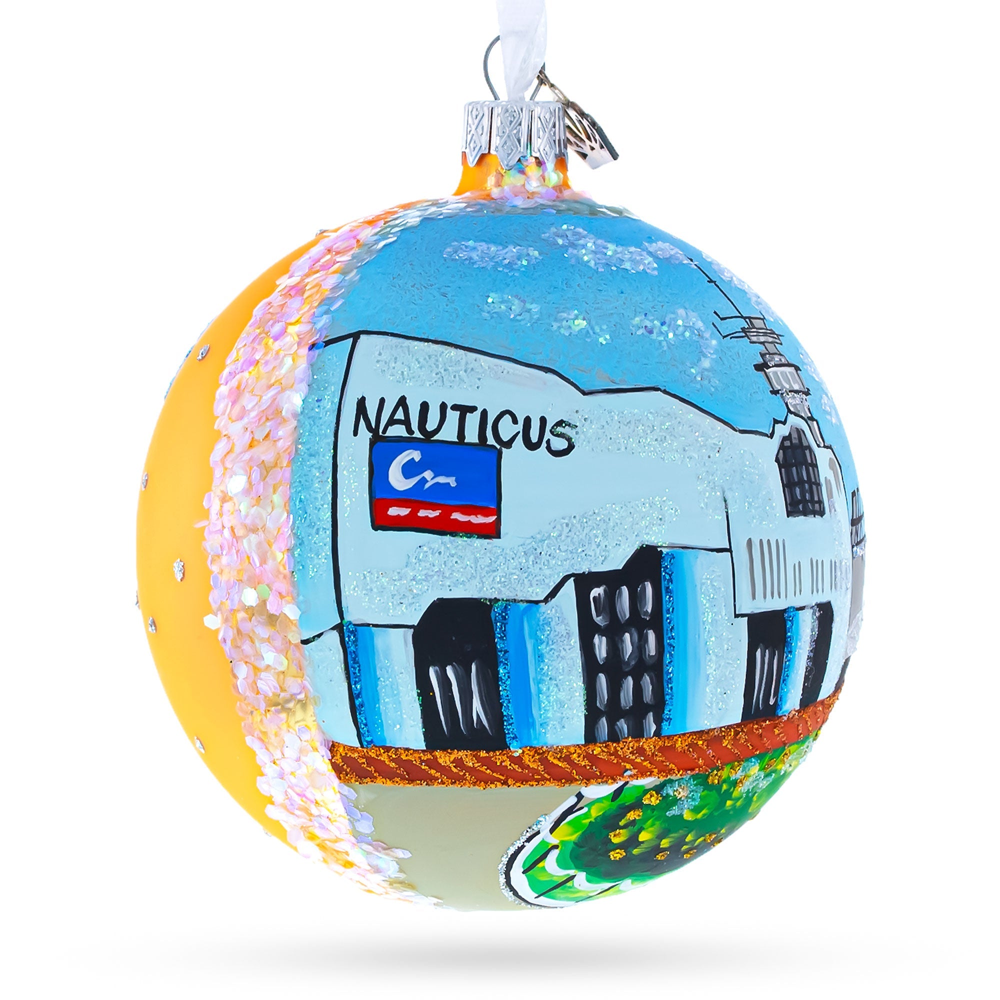 Battleship Wisconsin at Nautilus, Norfolk, Virginia Glass Ball Christmas Ornament 4 Inches