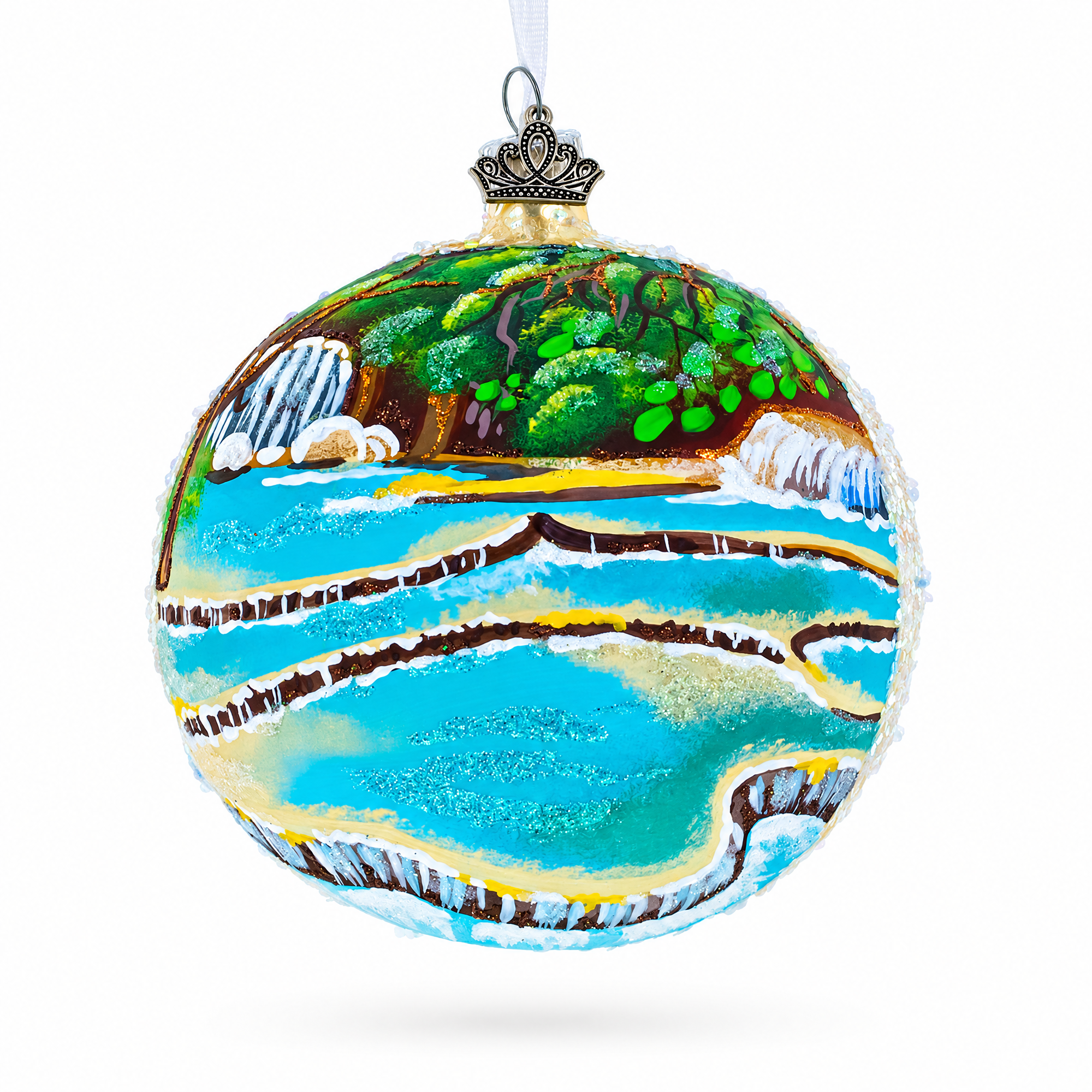 Kuang Si Waterfall, Laos Glass Ball Christmas Ornament 4 Inches