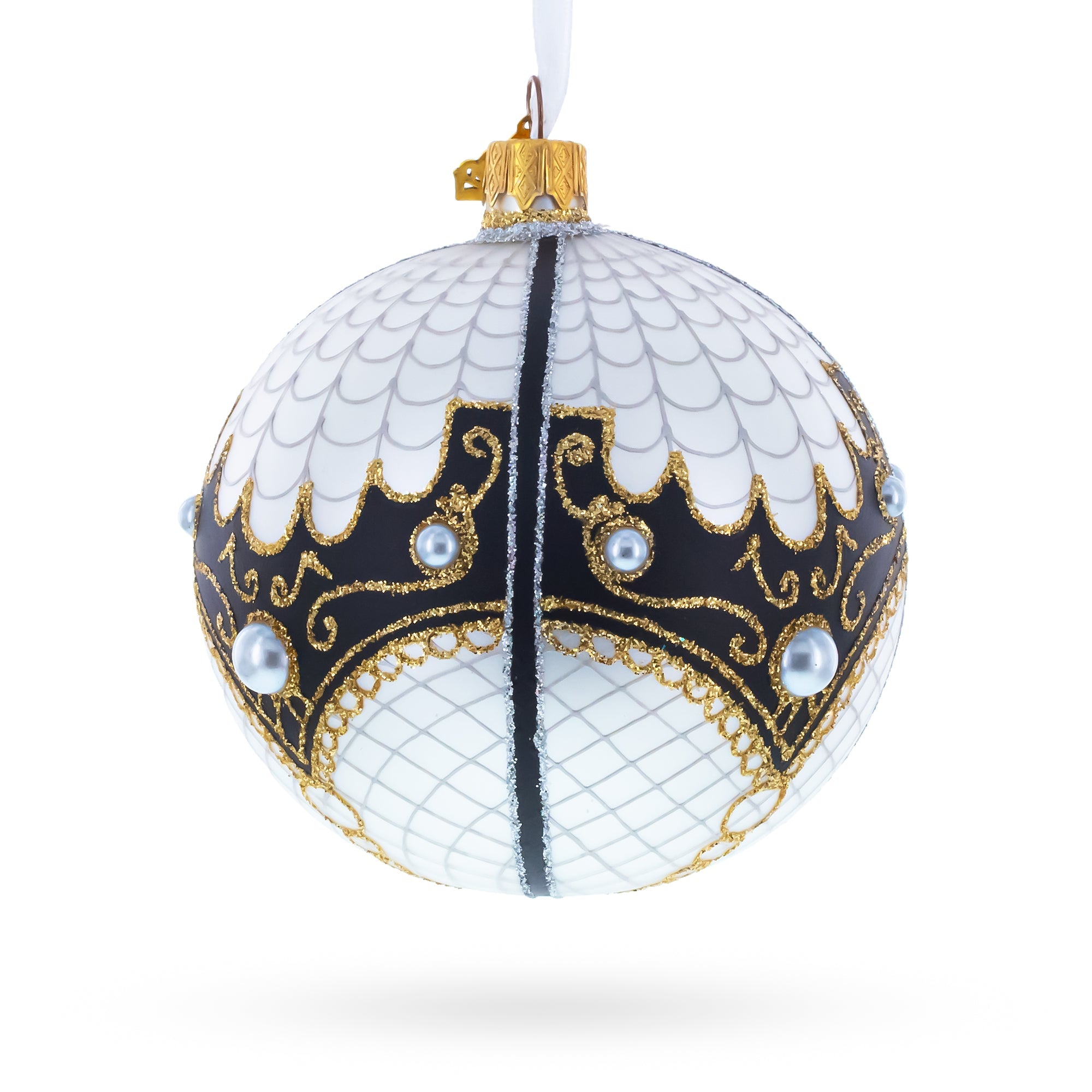 Mother Of Pearl on White Glass Ball Christmas Ornament 4 Inches