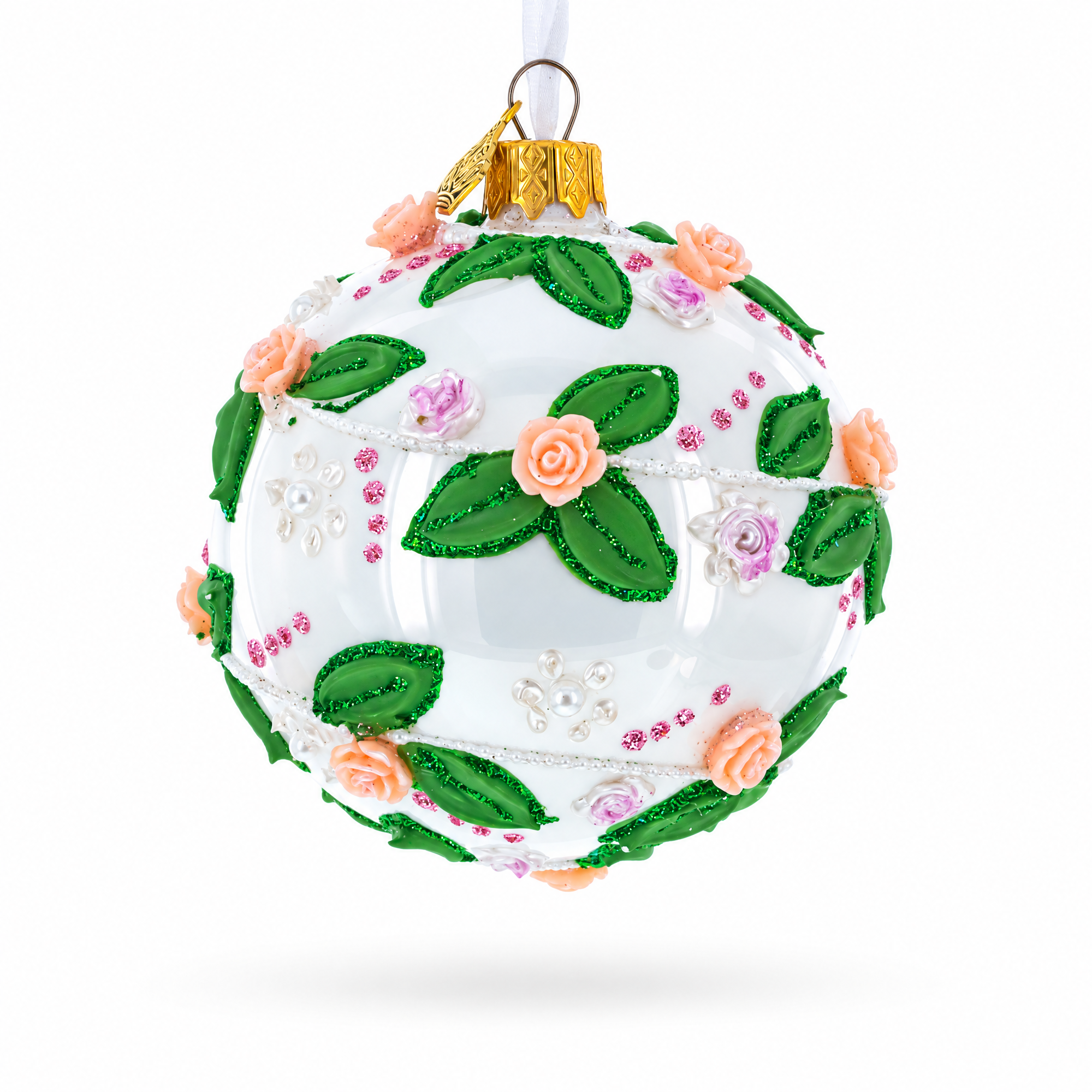 3D Roses in Silver Spiral Glass Ball Christmas Ornament 3.25 Inches