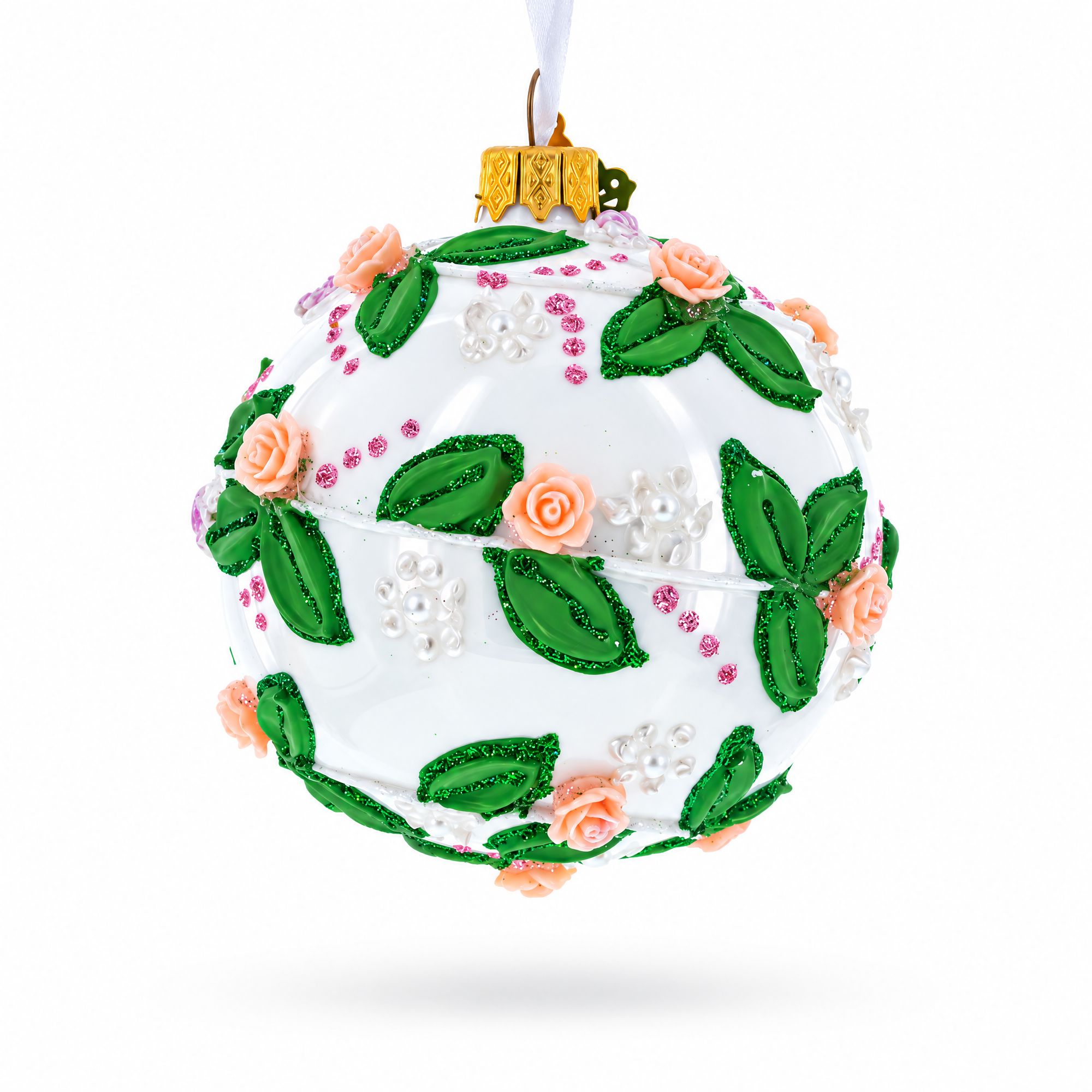 3D Roses in Silver Spiral Glass Ball Christmas Ornament 3.25 Inches