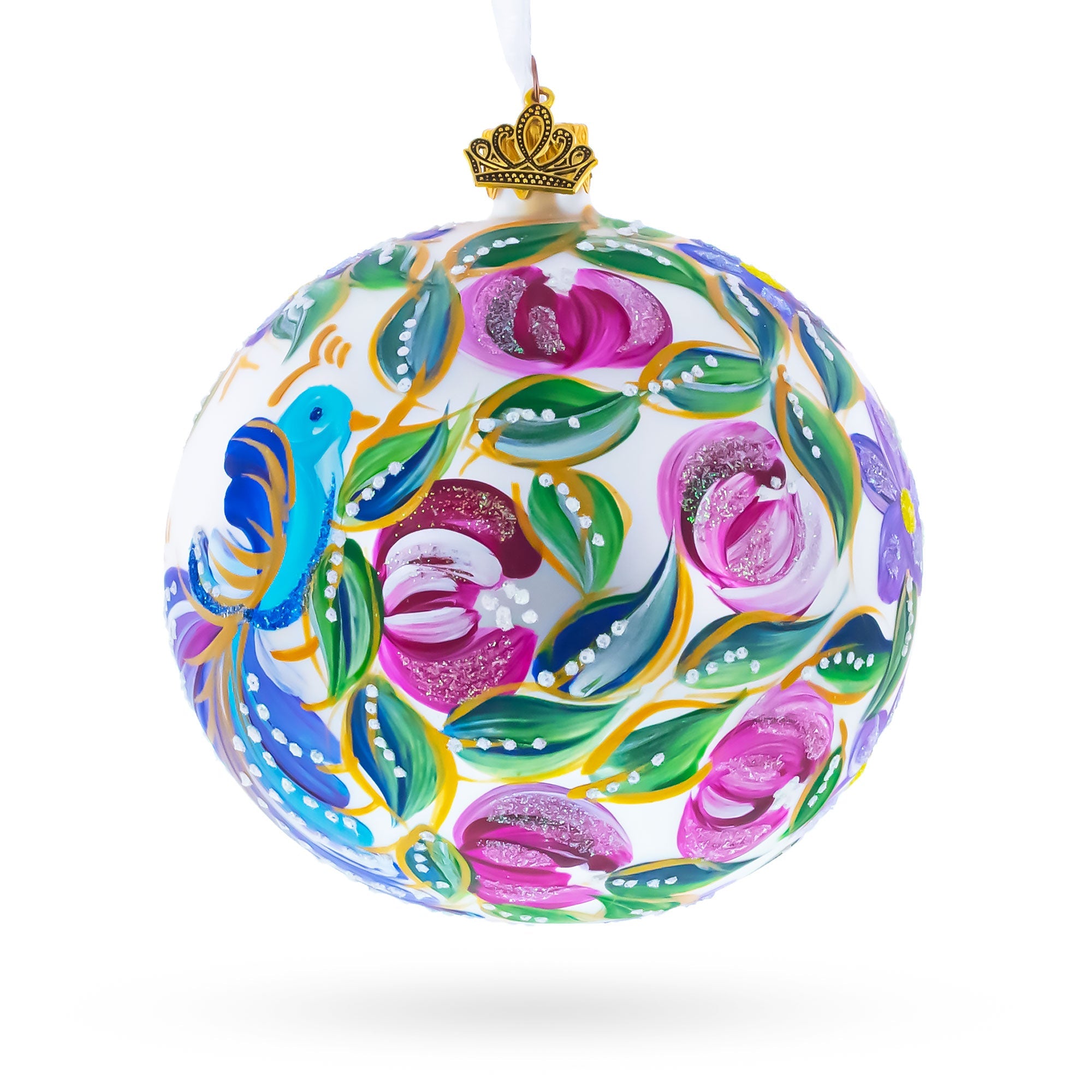 Blue Bird on White Glass Ball Christmas Ornament 4 Inches