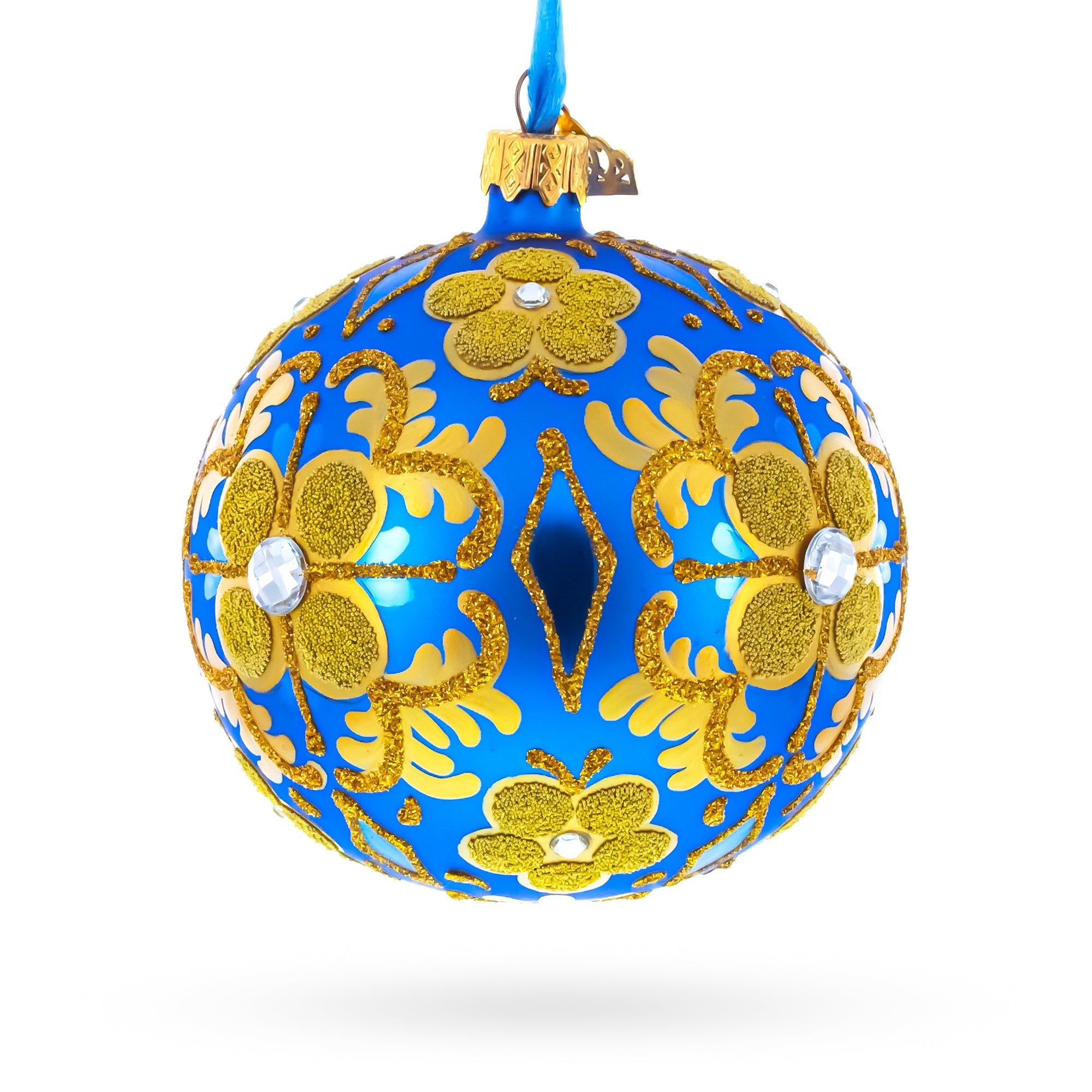 Jeweled Golden Leaves on Blue Glass  Ball Christmas Ornament 4 Inches
