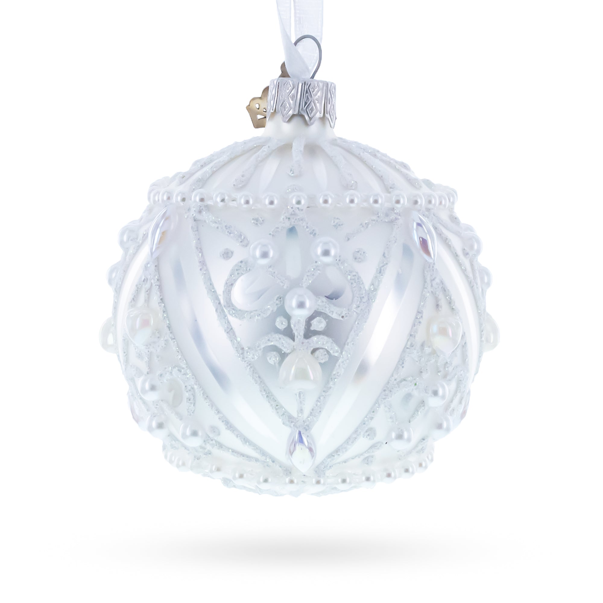 Dimensional Pearl Drops on White Ball Glass Christmas Ornament 3.25 Inches