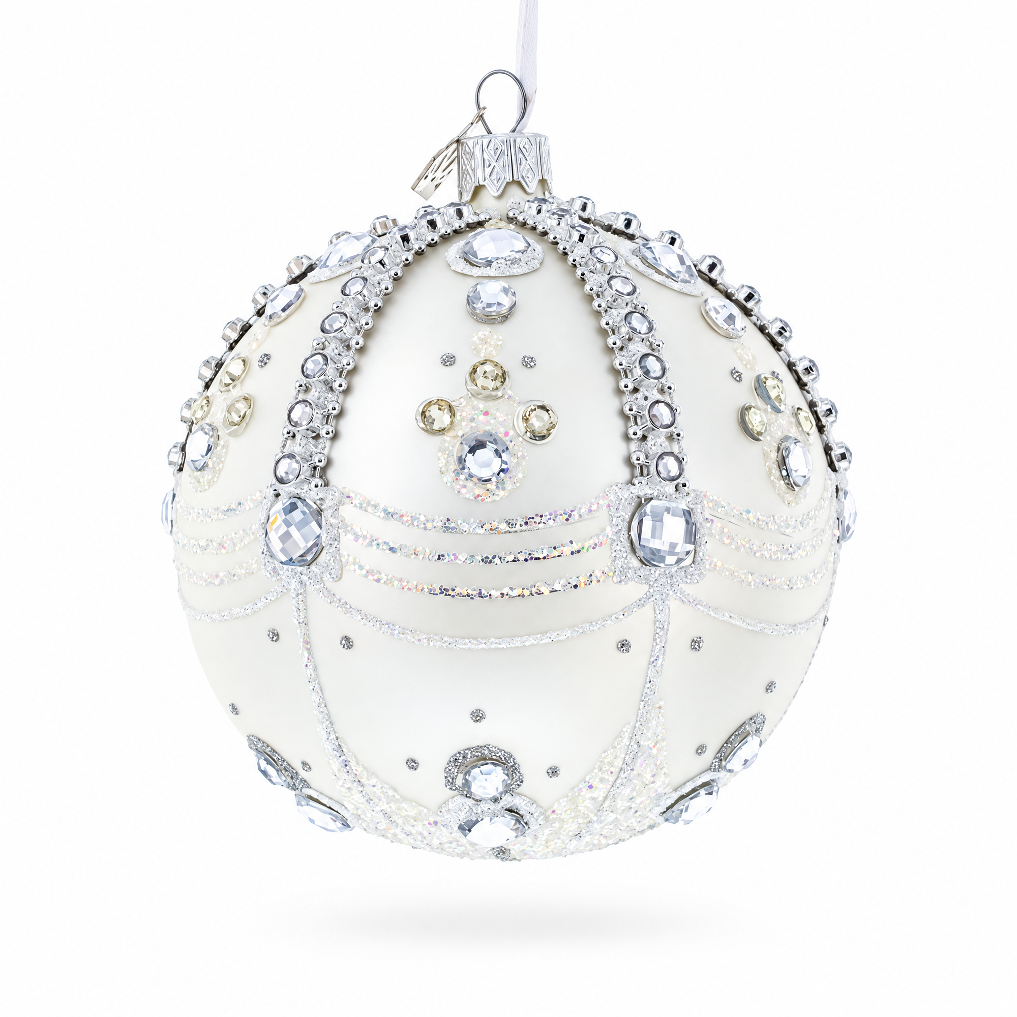 White Jewels on Silver Glass Ball Christmas Ornament 4 Inches