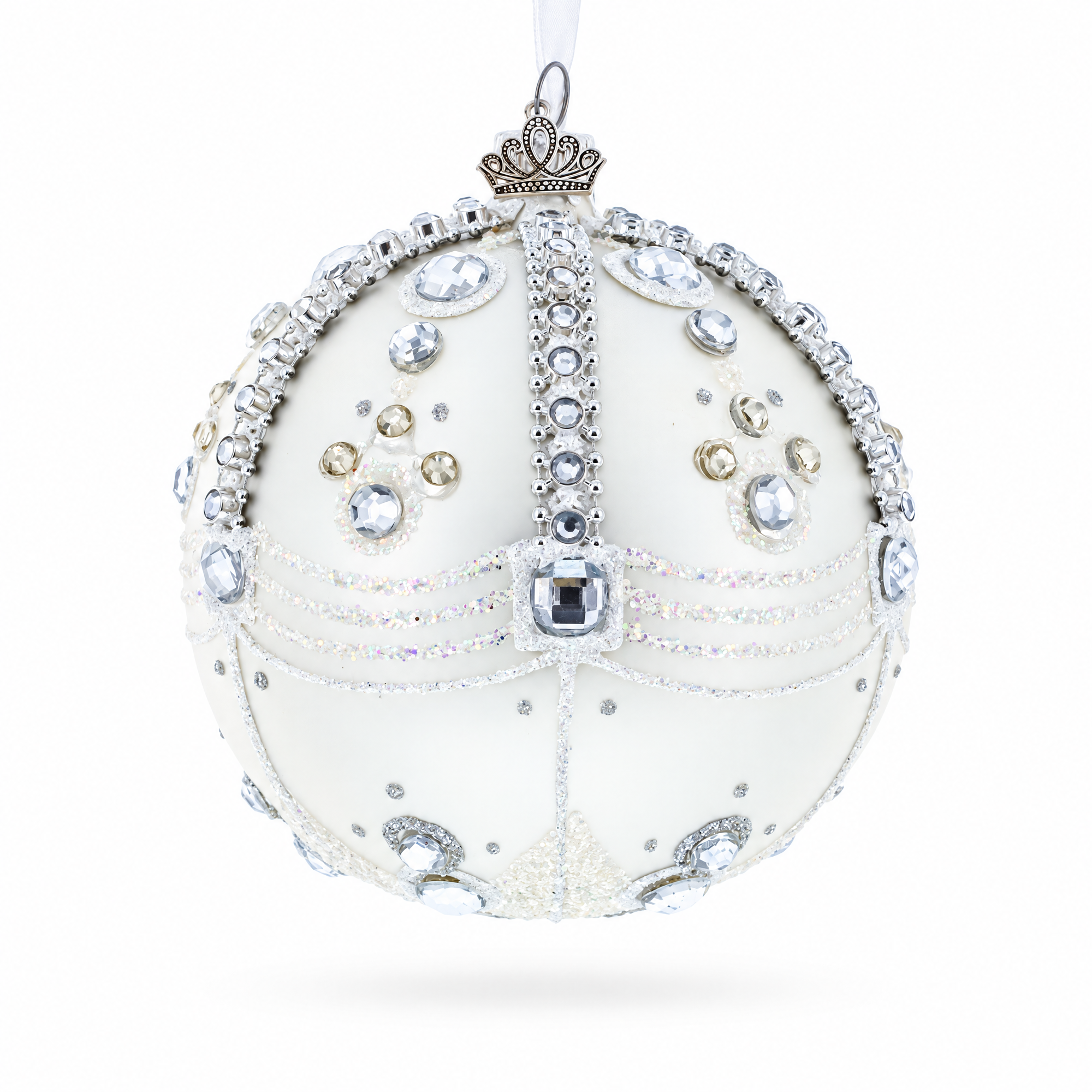 White Jewels on Silver Glass Ball Christmas Ornament 4 Inches