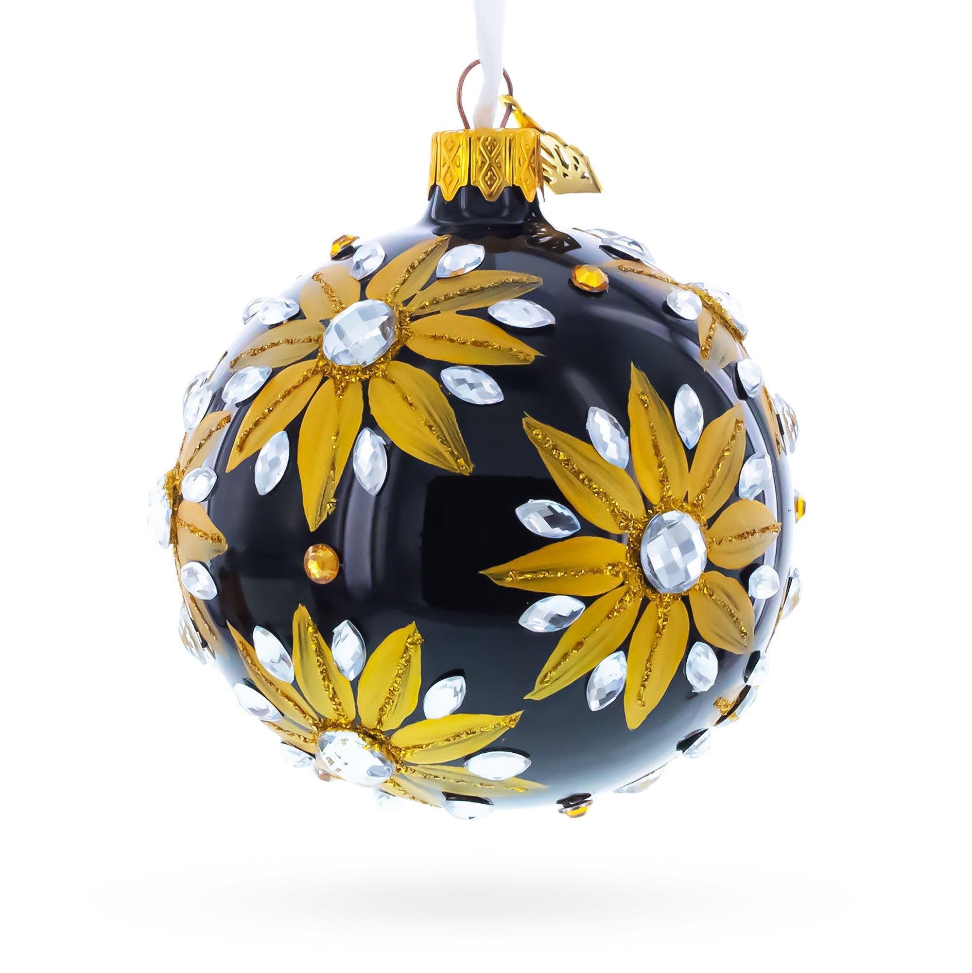Golden Glitter Sunflower with Crystal Embellishments Glass Ball Christmas Ornament 3.25 Inches
