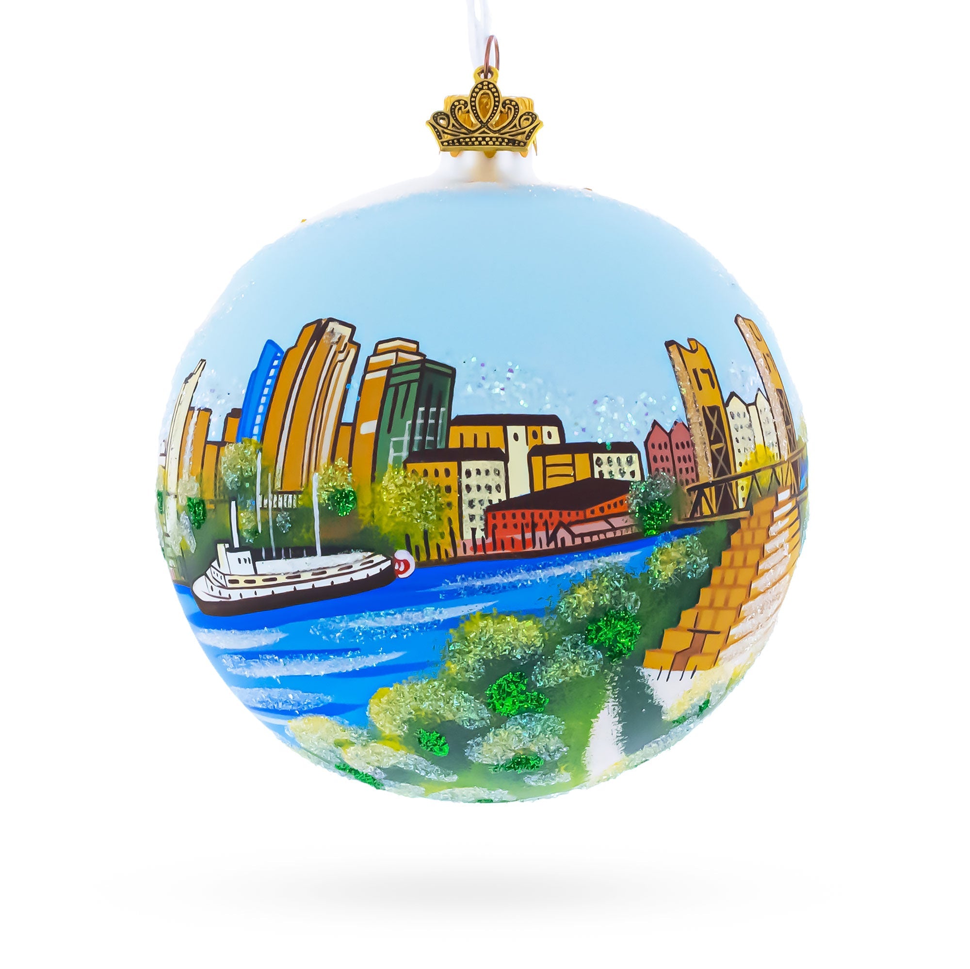 Skyline of Sacramento, California Glass Ball Christmas Ornament 4 Inches