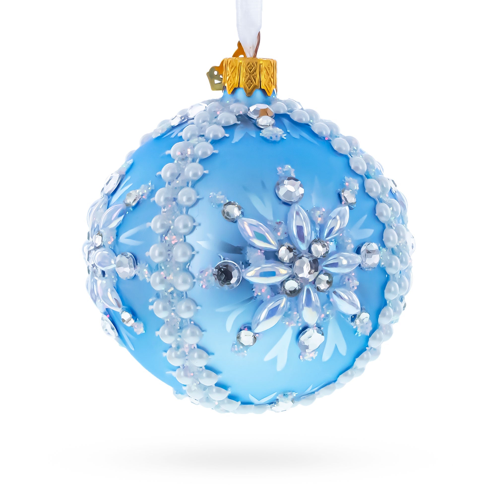 Blue and Pearl Jewel-Embellished Glass Ball Ornament 3.25 Inches